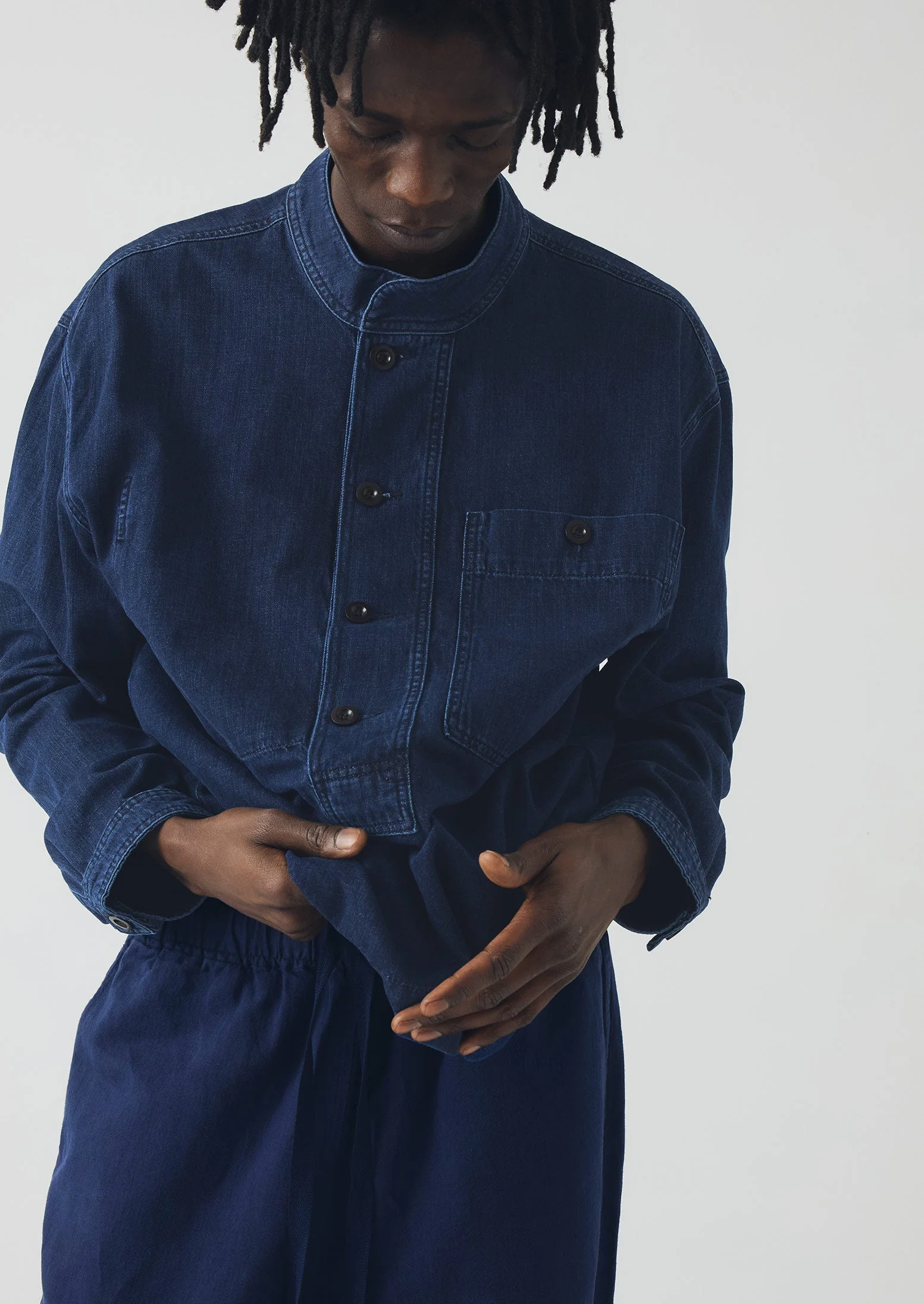 Grandad Collar Half Placket Denim Shirt | Indigo - Image 4