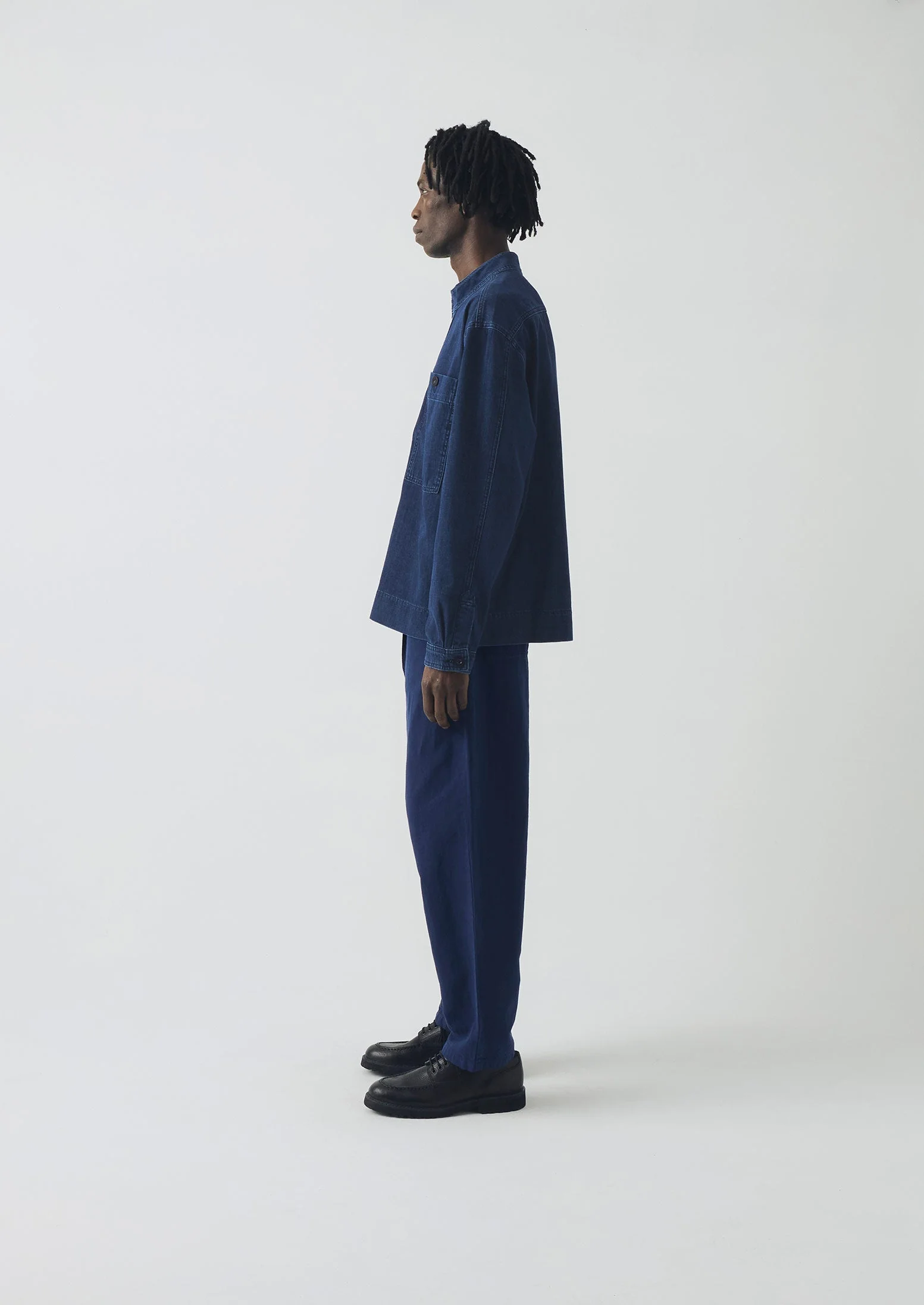 Grandad Collar Half Placket Denim Shirt | Indigo - Image 5