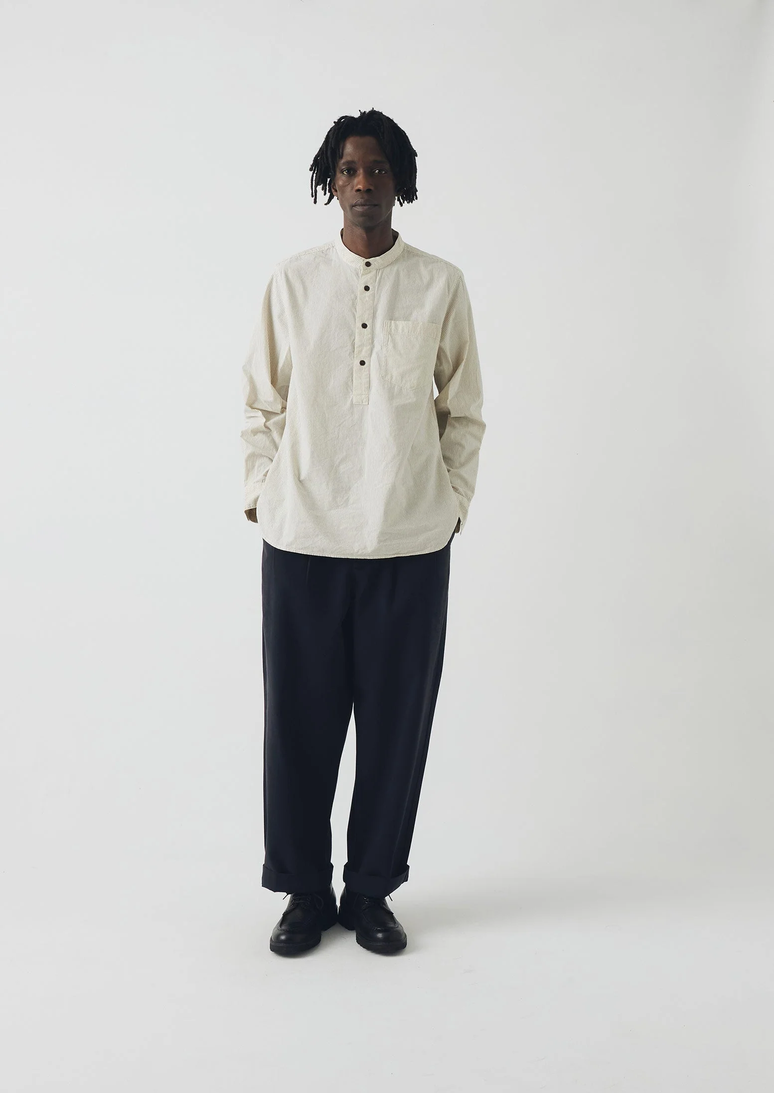Grandad Collar Stripe Pullover Shirt | Sunwashed Blue - Image 3