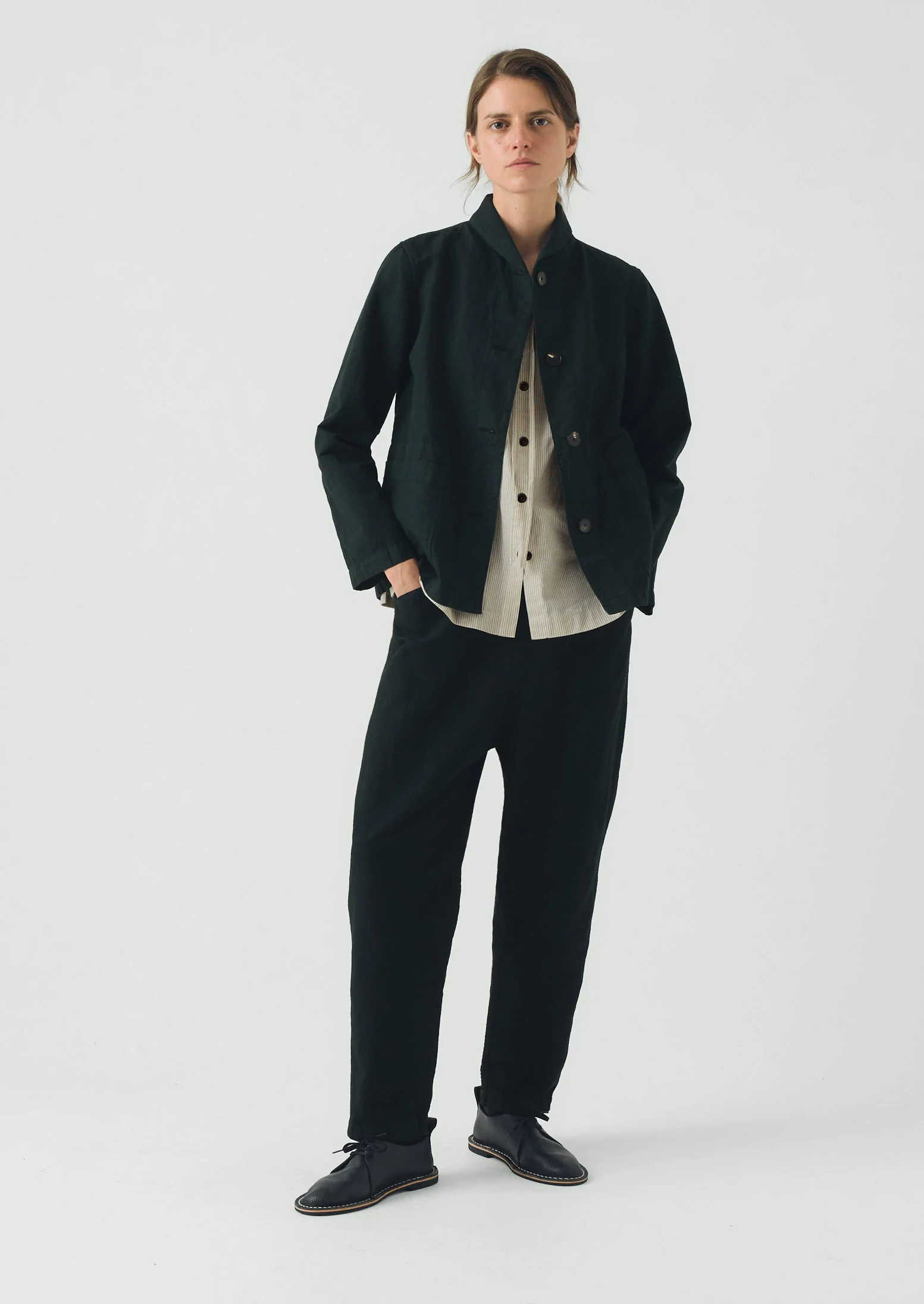 Hal Micro Houndstooth Cotton Linen Workwear Jacket | Oil Green - Image 3