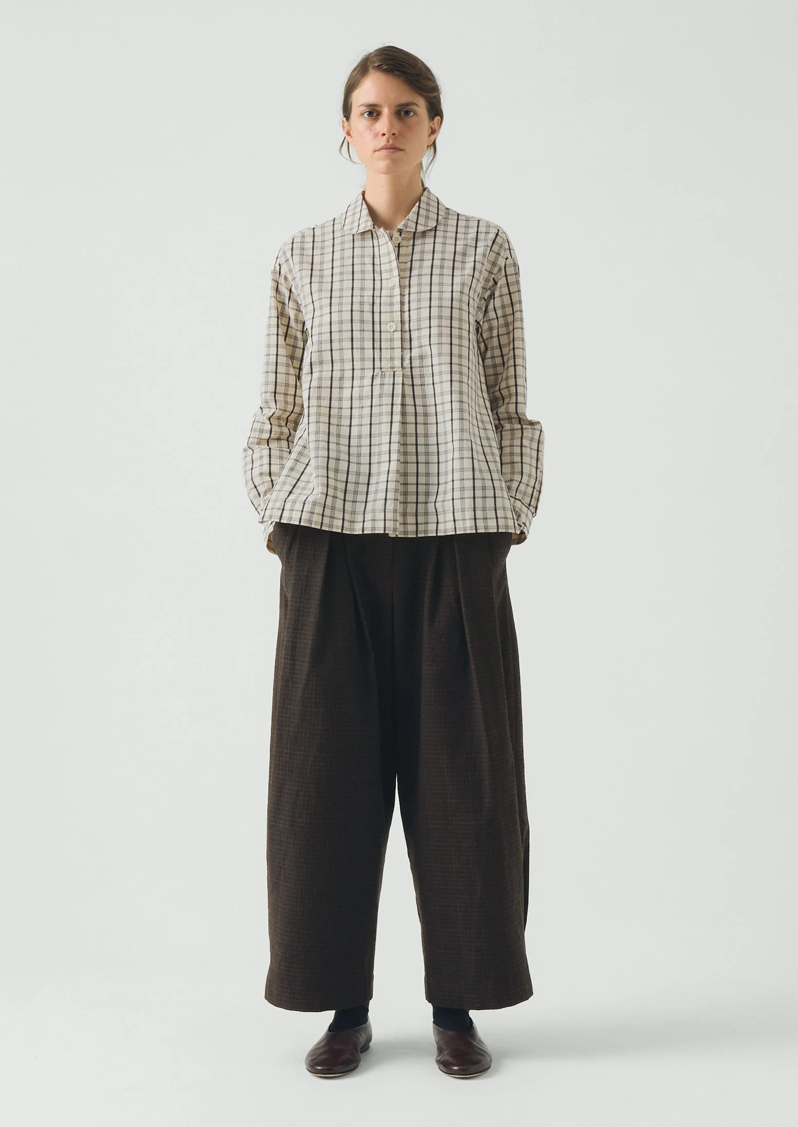 Half Placket Check Cotton Shirt | Ecru/Rich Soil - Image 3