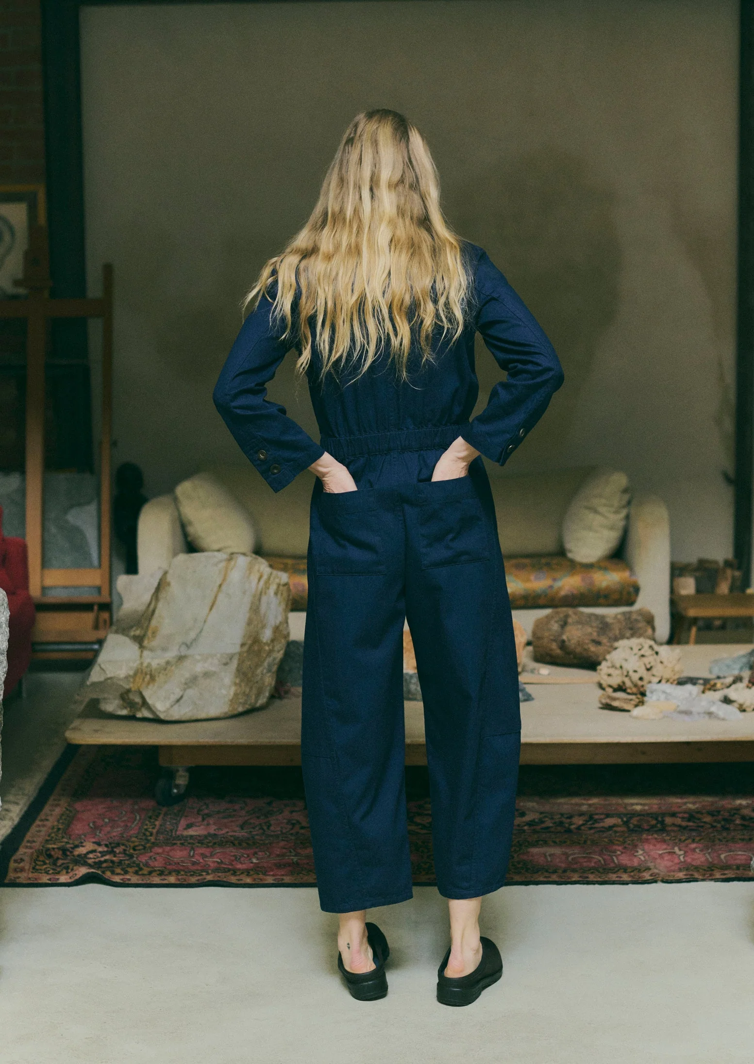 Half Placket Cotton Twill Jumpsuit | Indigo - Image 3