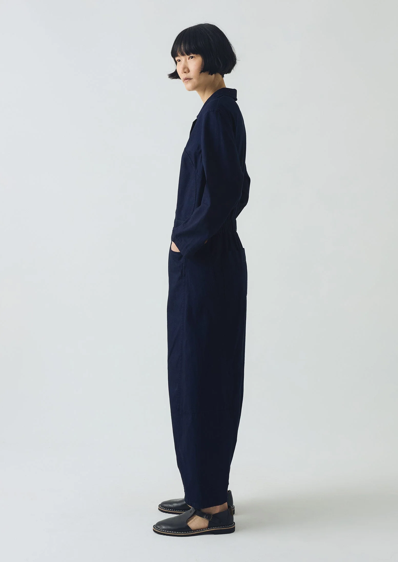 Half Placket Cotton Twill Jumpsuit | Indigo - Image 5