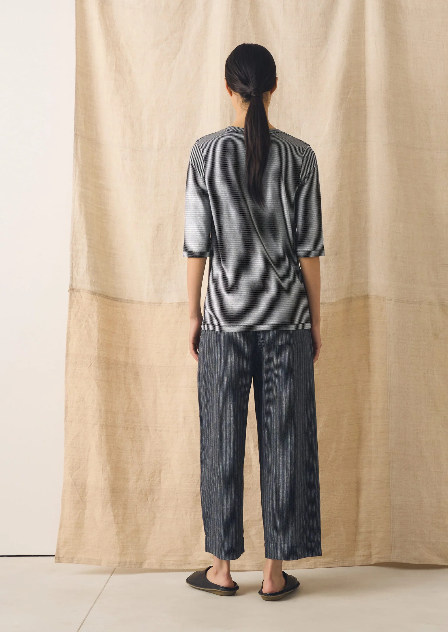 Half Sleeve Stripe Cotton Tee | Dark Navy/Ecru - Image 4