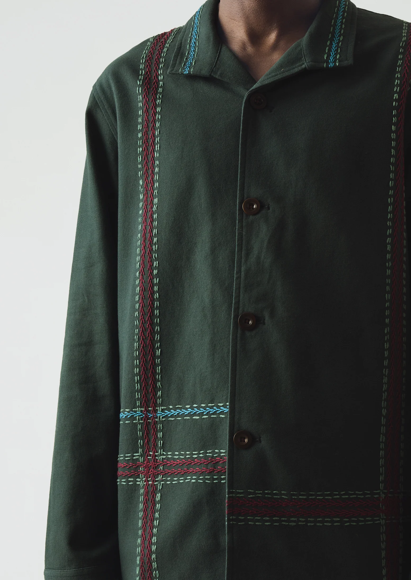 Hand Embroidered Stripe Cotton Jacket | Verdigris - Image 3