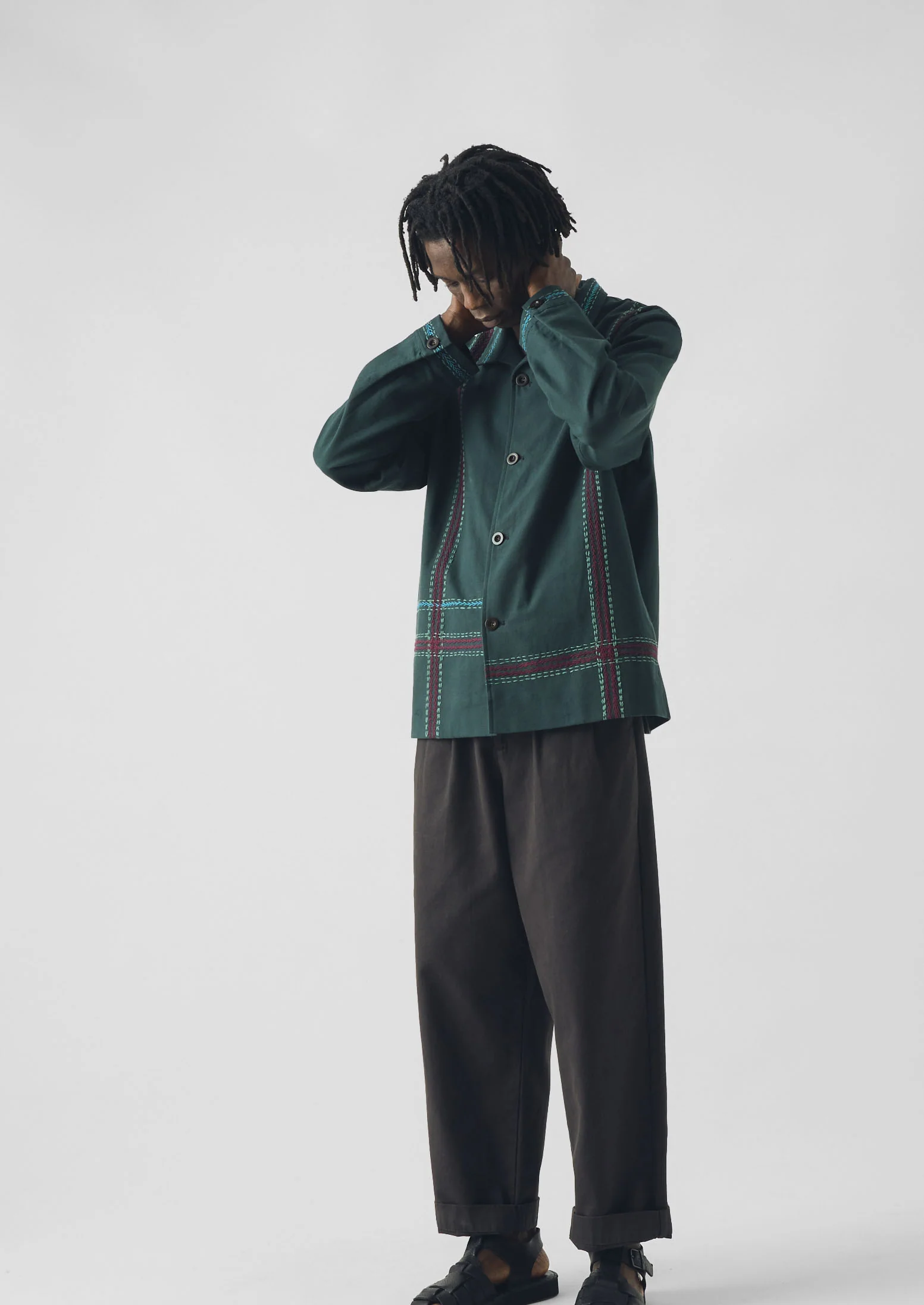 Hand Embroidered Stripe Cotton Jacket | Verdigris - Image 5