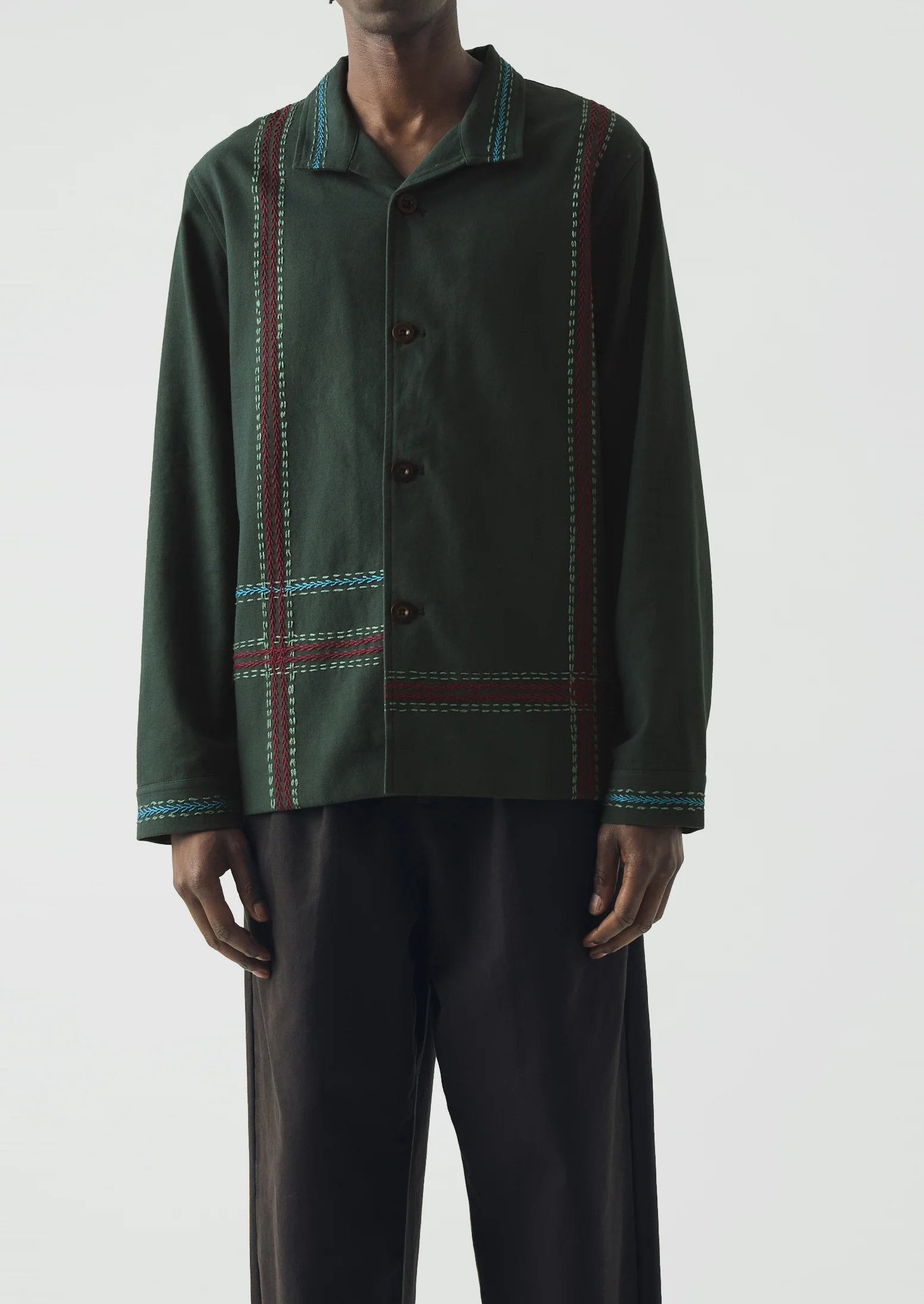 Hand Embroidered Stripe Cotton Jacket | Verdigris - Image 7