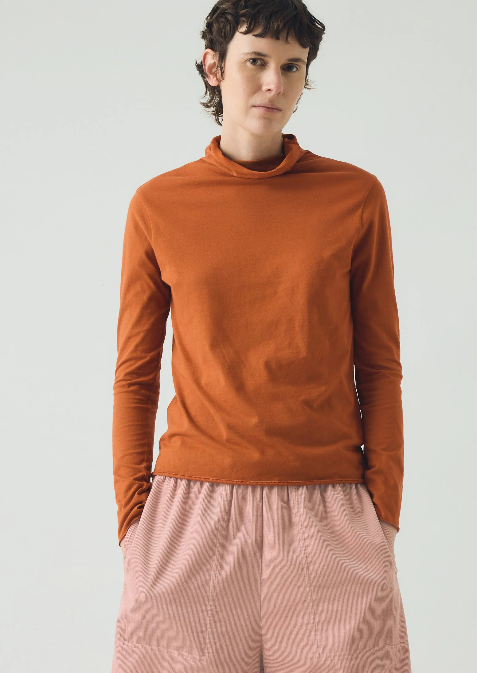 High Neck Soft Cotton Tee | Burnt Sienna - Image 2