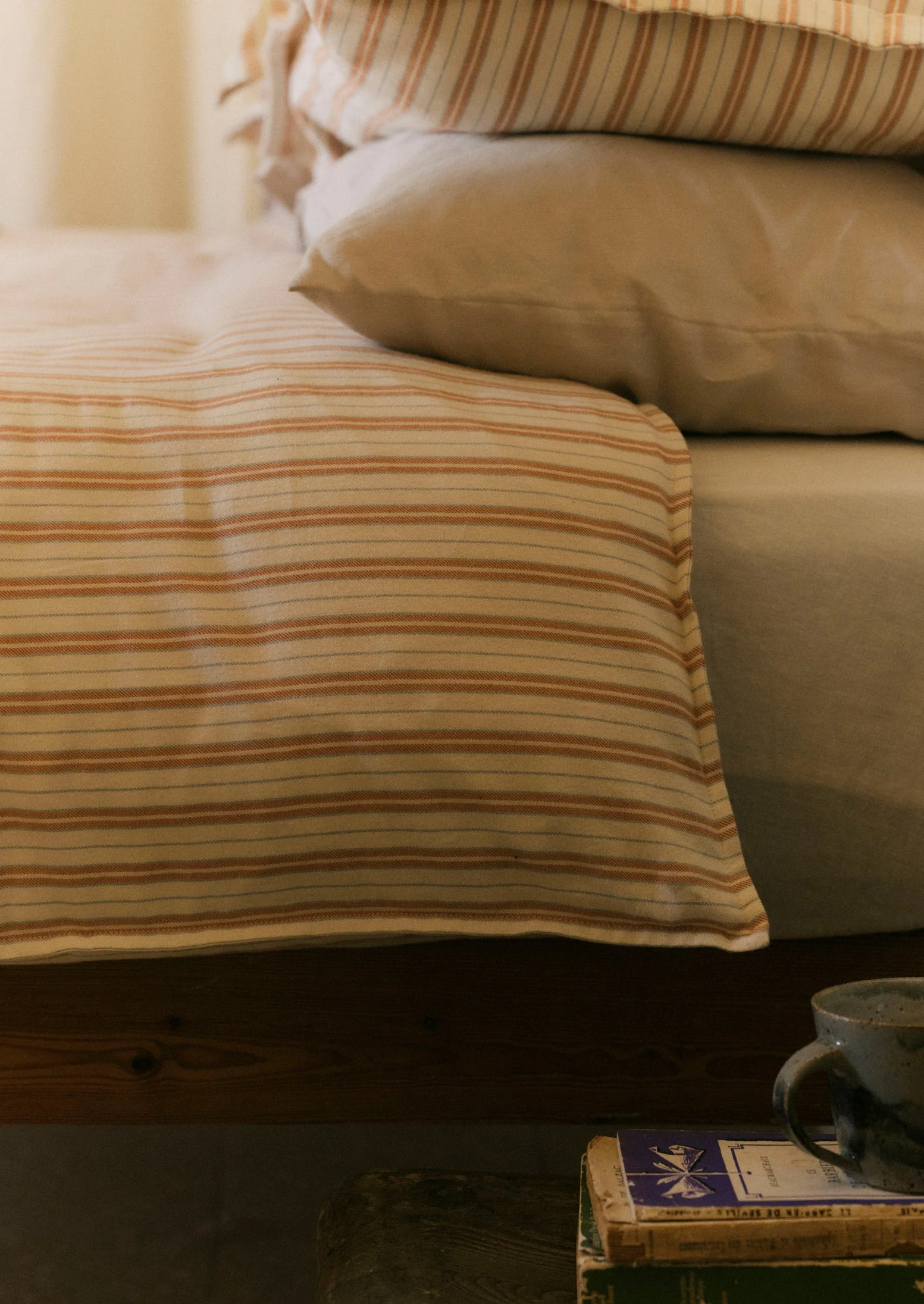 Ines Stripe Cotton Flannel Duvet Cover | Apricot/Soft Blue - Image 3