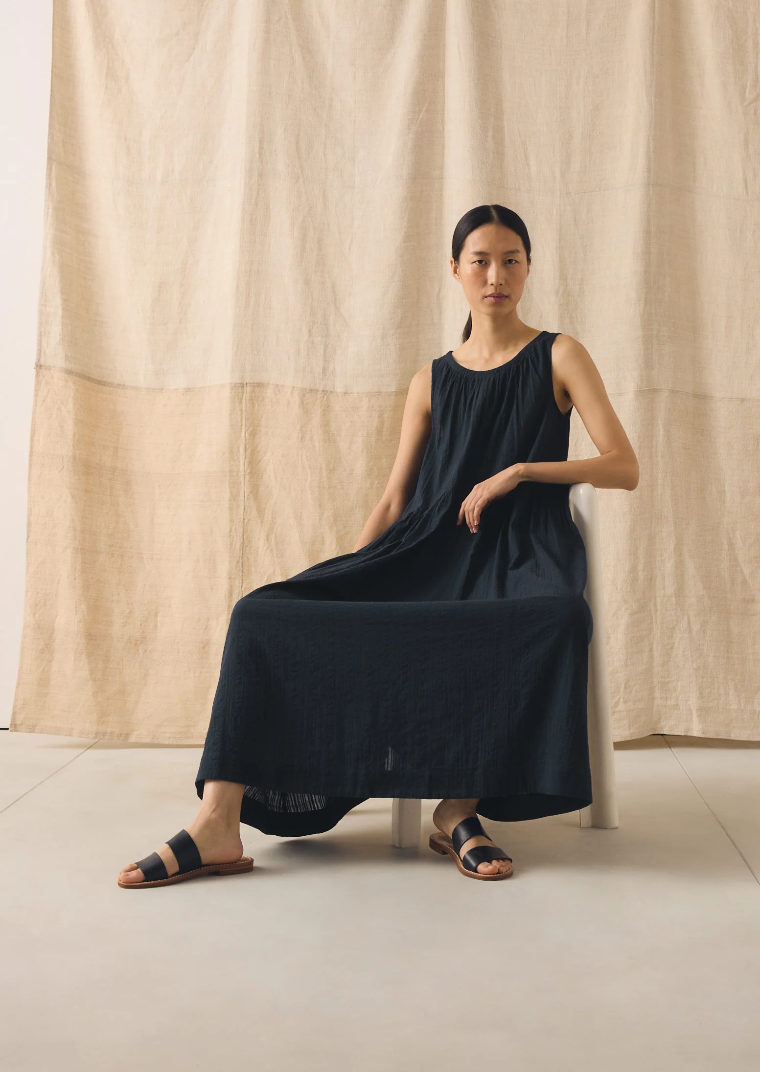 Lightweight Cotton Seersucker Dress | Navy - Image 2