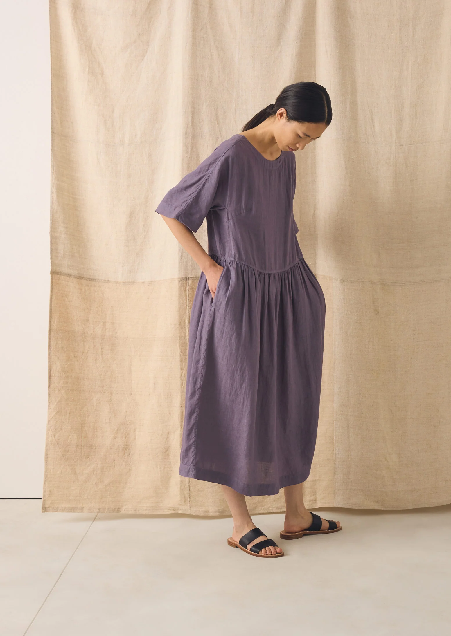 Lightweight Linen Gathered Waist Dress | Dark Thistle - Image 2