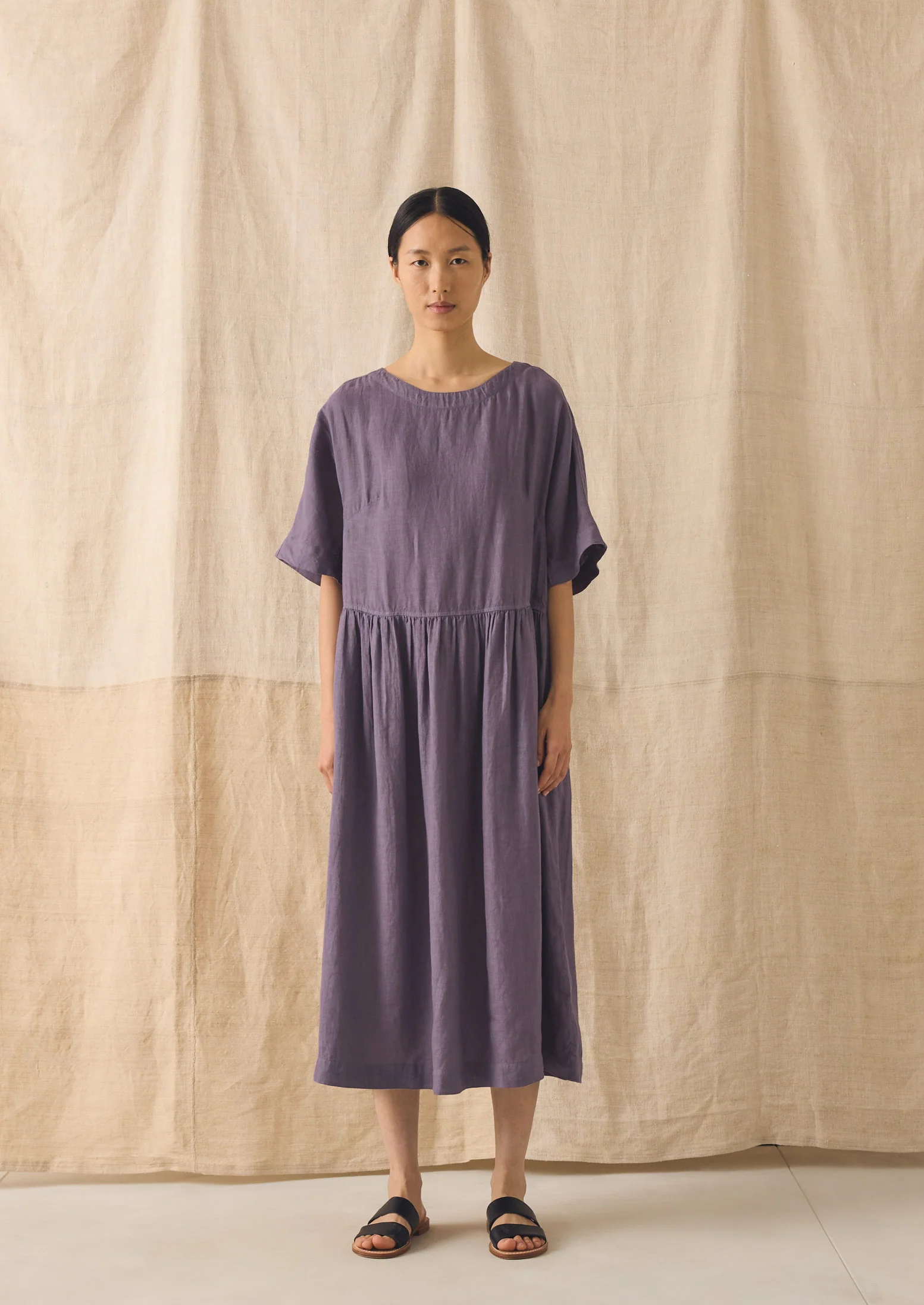 Lightweight Linen Gathered Waist Dress | Dark Thistle - Image 4