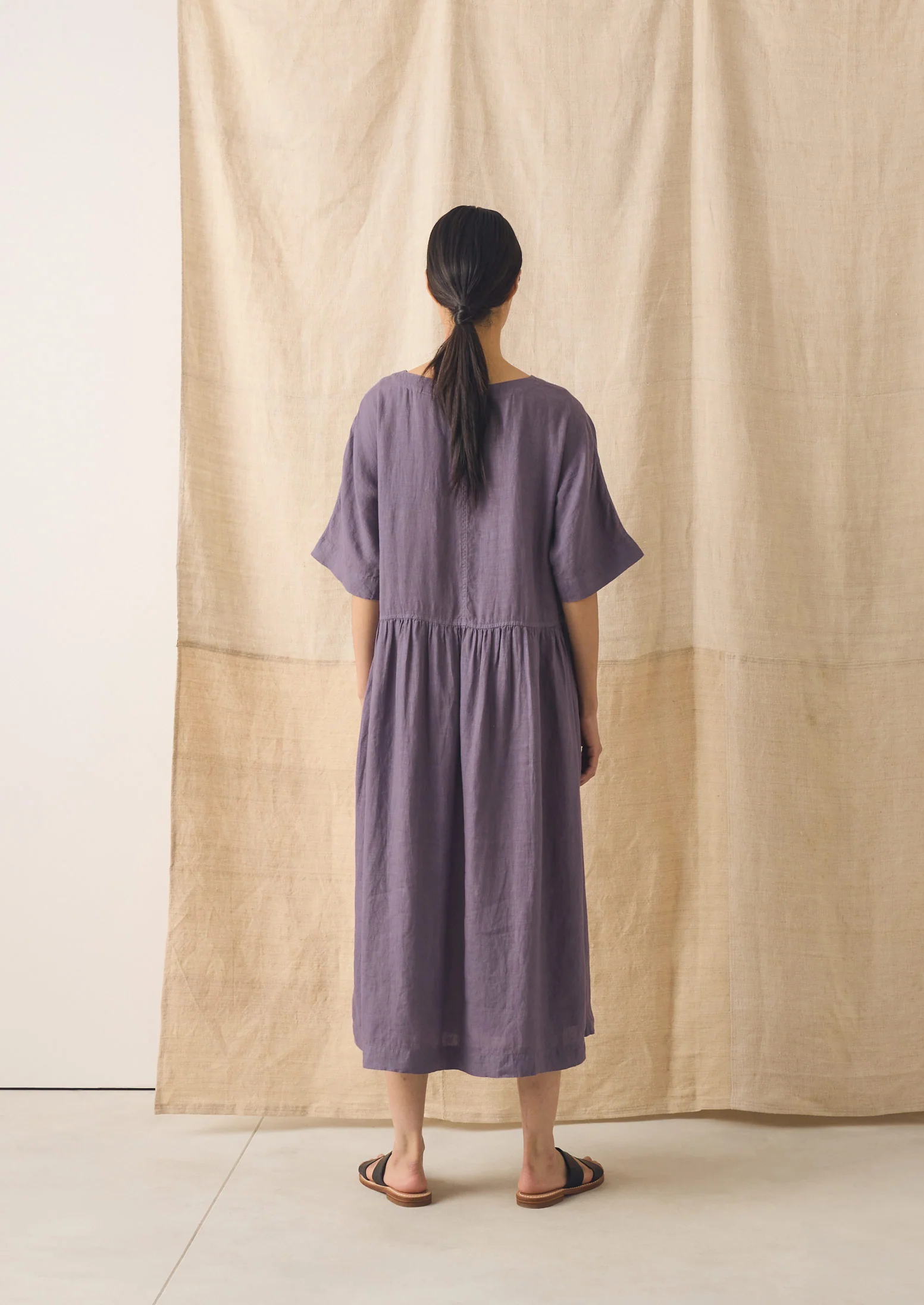 Lightweight Linen Gathered Waist Dress | Dark Thistle - Image 5