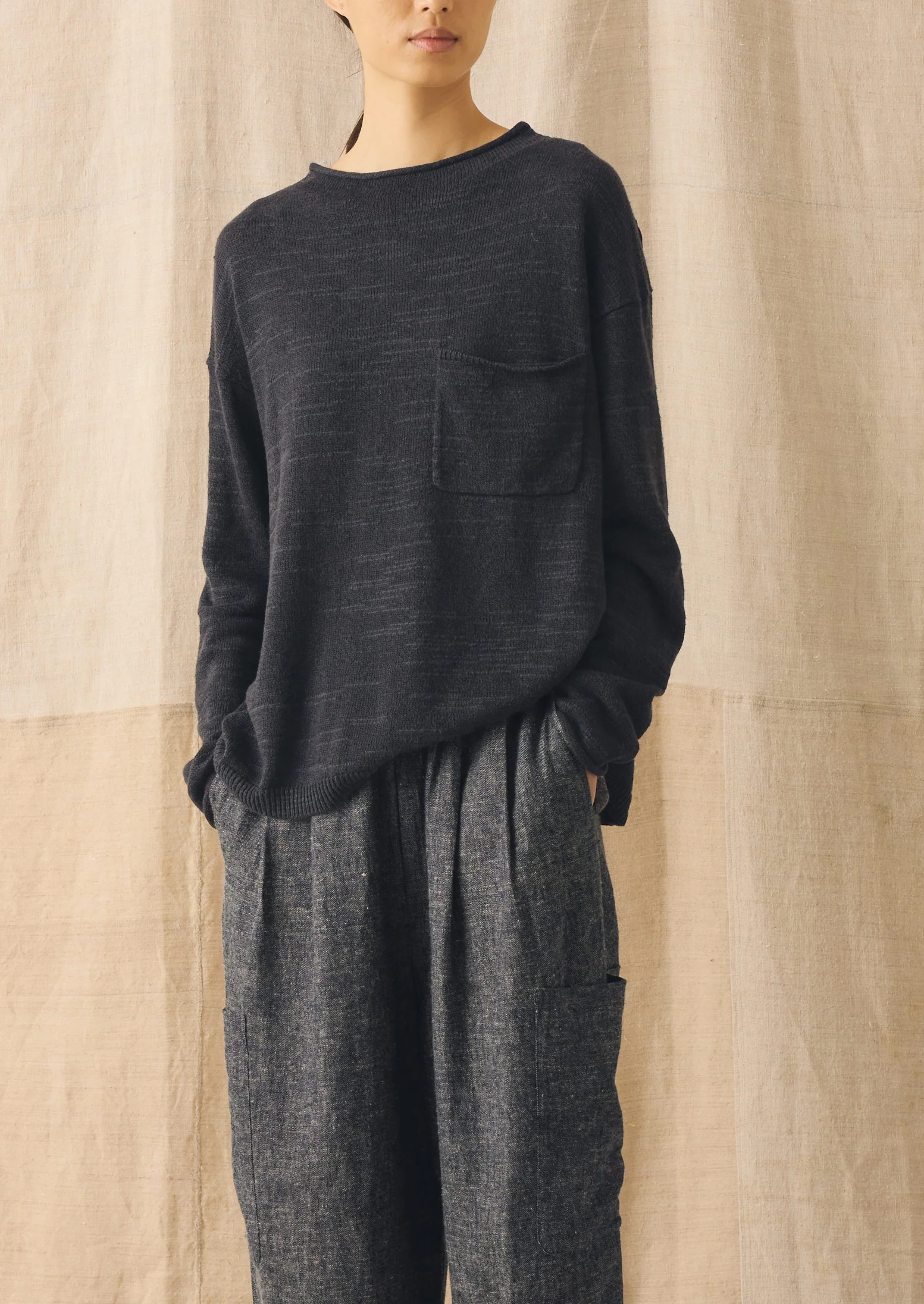 Linen Cotton Fine Knit Sweater | Dark Navy - Image 2