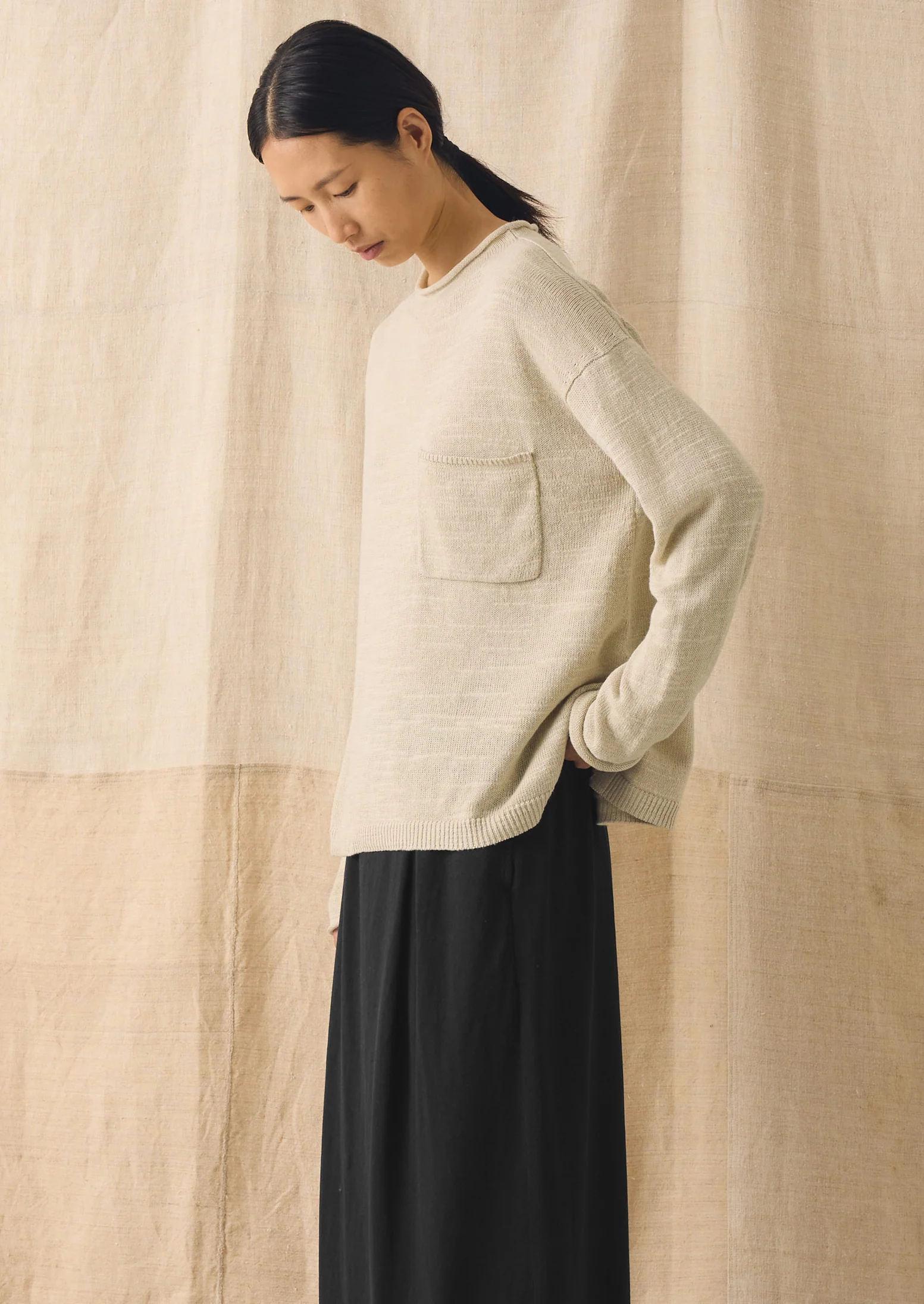 Linen Cotton Fine Knit Sweater | Parchment - Image 2