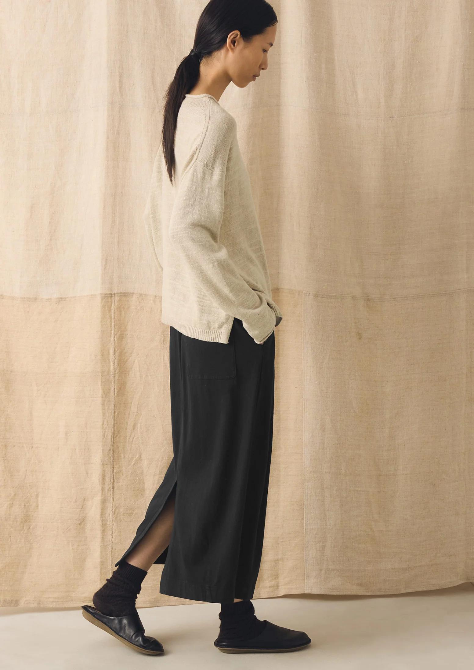 Linen Cotton Fine Knit Sweater | Parchment - Image 4
