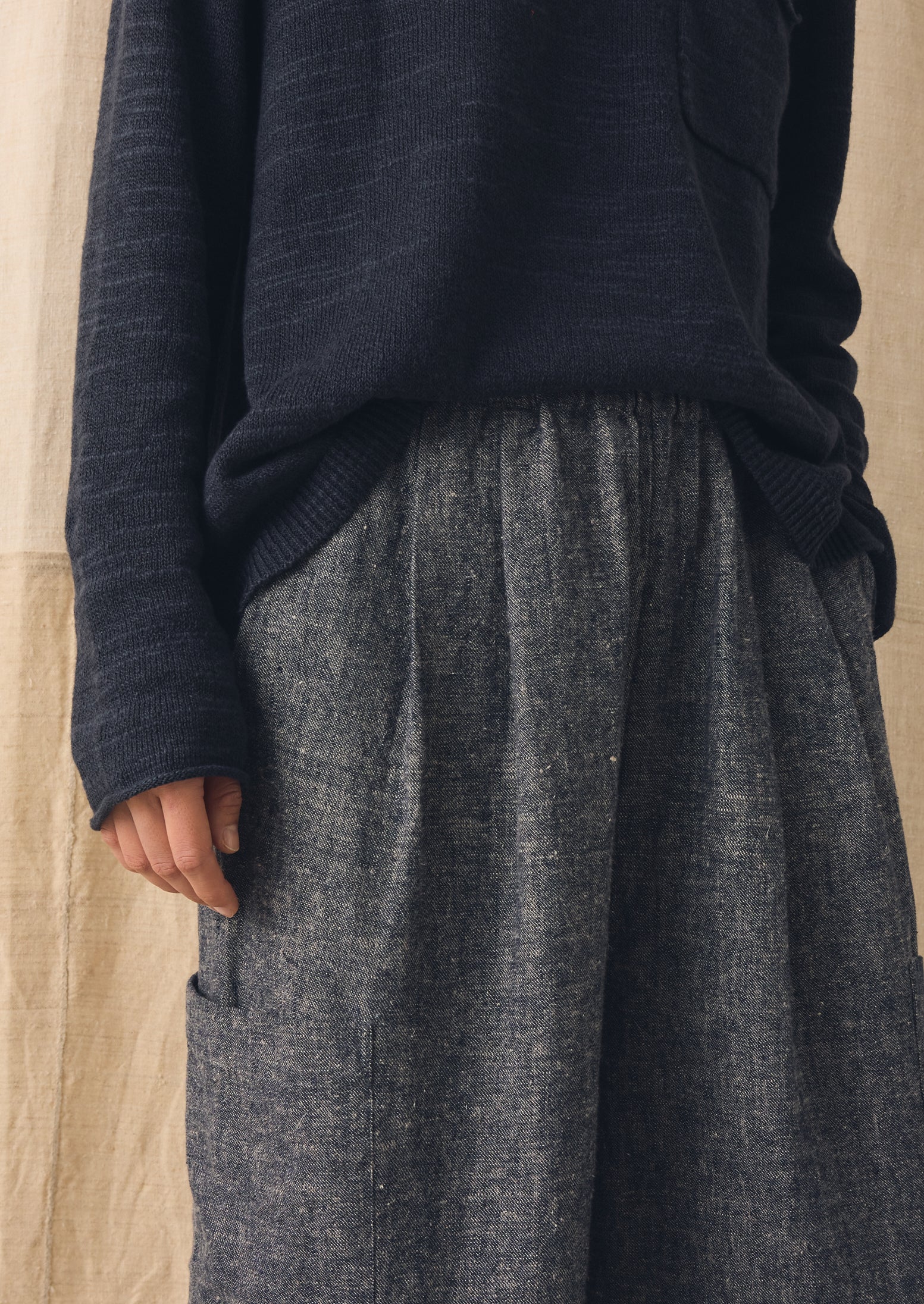 Linen Cotton Patch Pocket Trousers | Navy/Ecru - Image 3