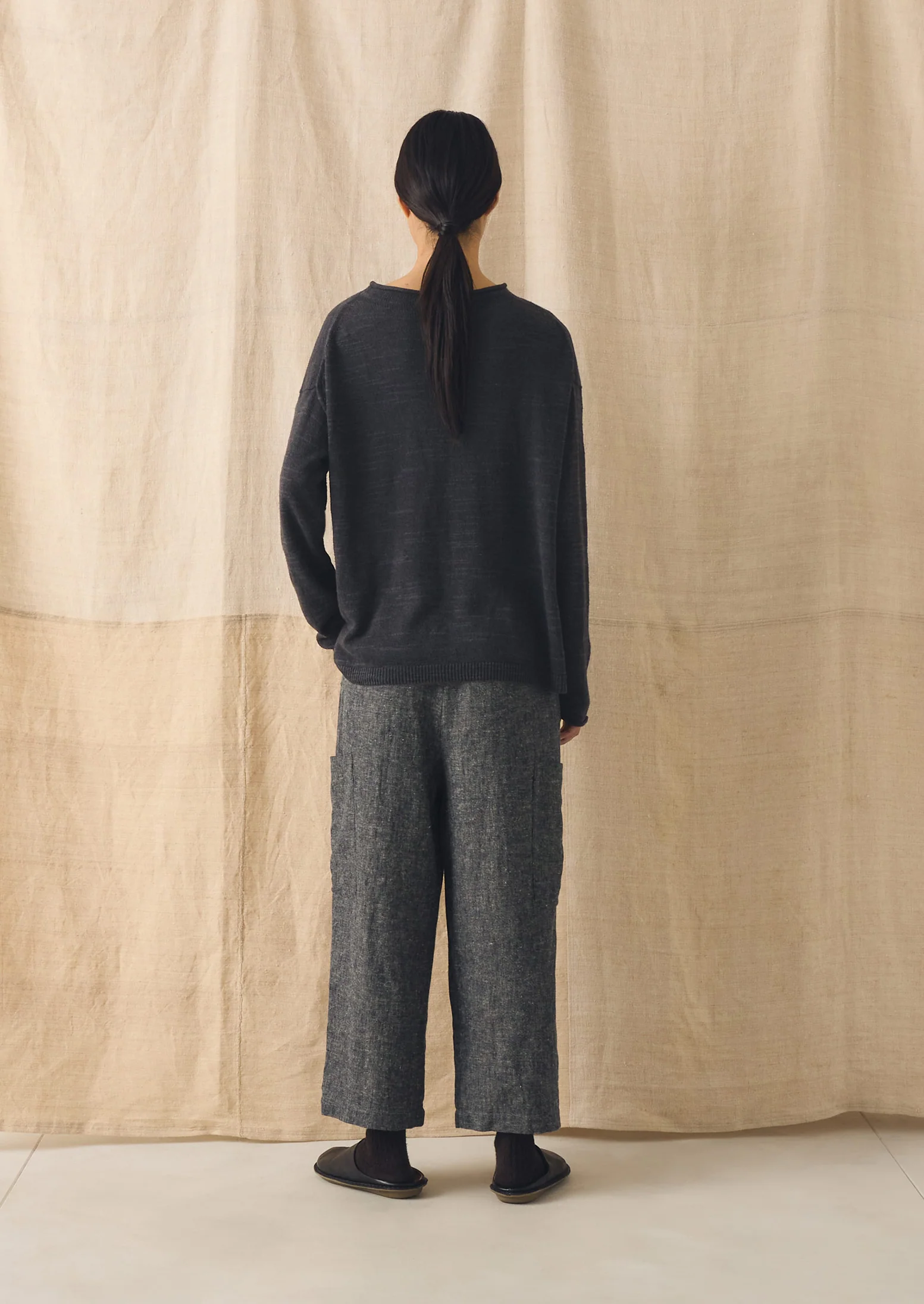 Linen Cotton Patch Pocket Trousers | Navy/Ecru - Image 5
