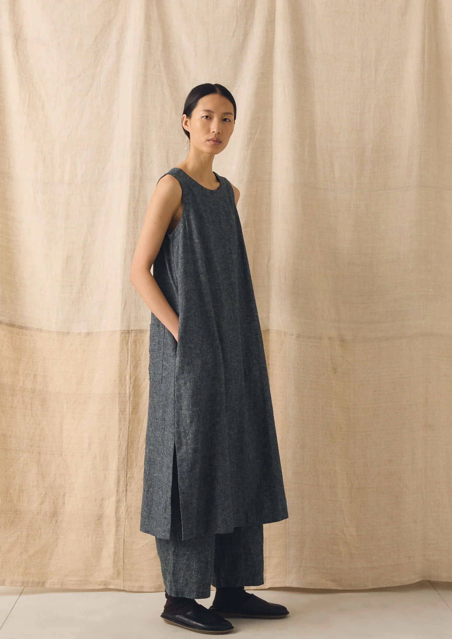 Linen Cotton Twill Apron Shift Dress | Navy/Ecru - Image 2