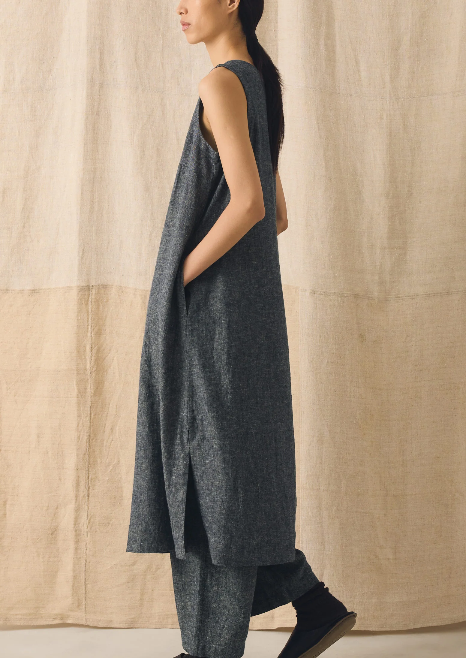 Linen Cotton Twill Apron Shift Dress | Navy/Ecru - Image 3