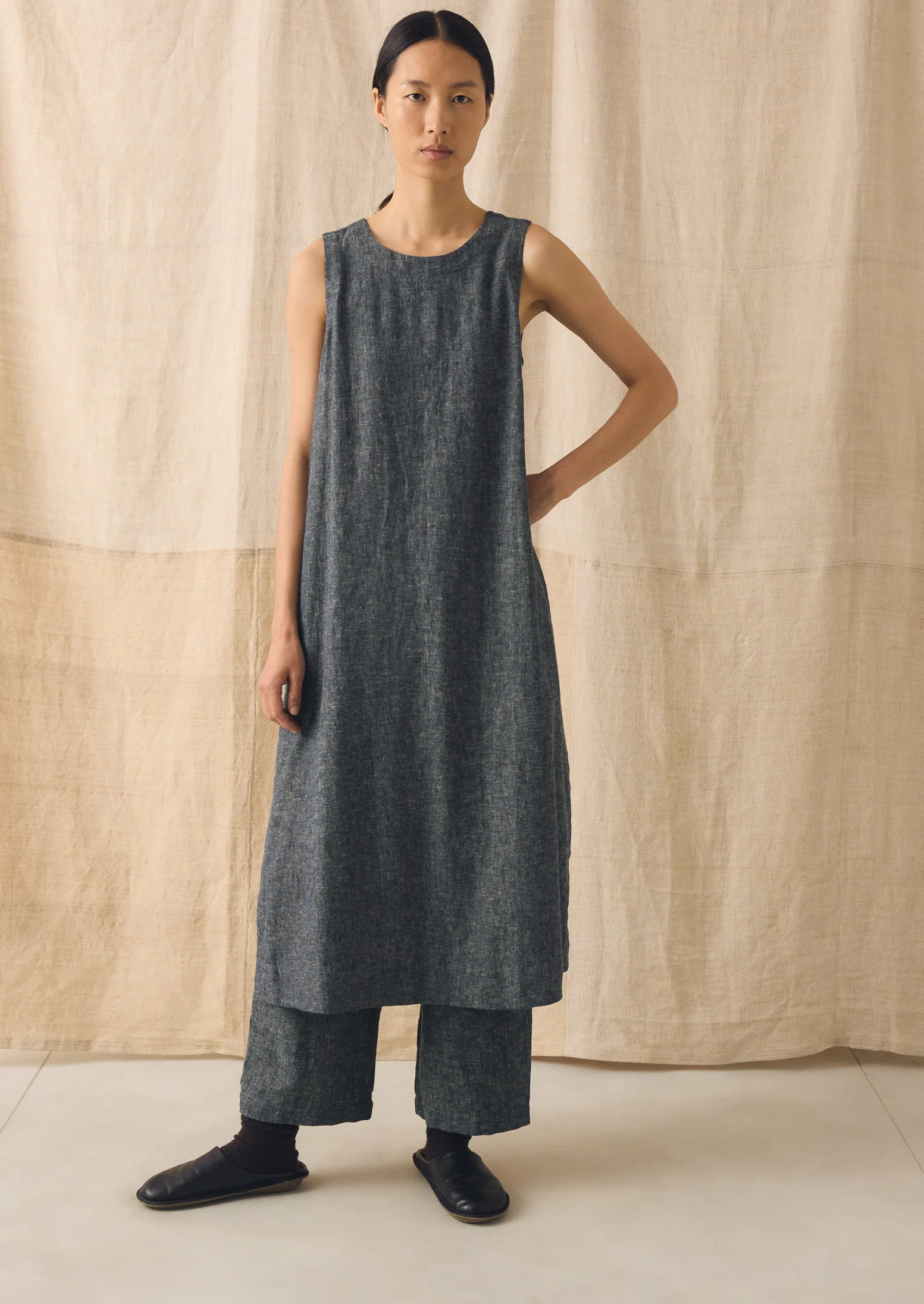 Linen Cotton Twill Apron Shift Dress | Navy/Ecru - Image 4