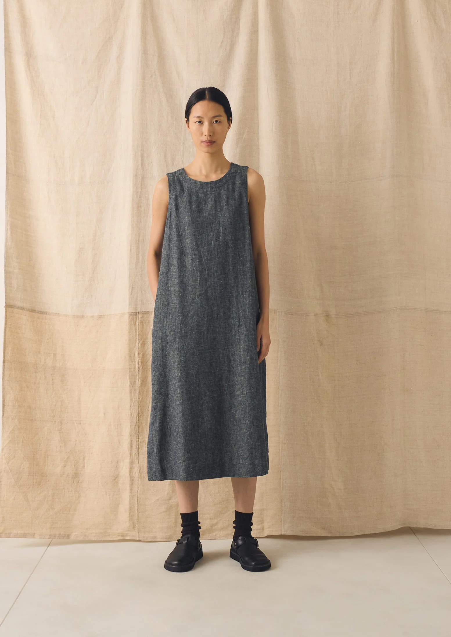 Linen Cotton Twill Apron Shift Dress | Navy/Ecru - Image 6