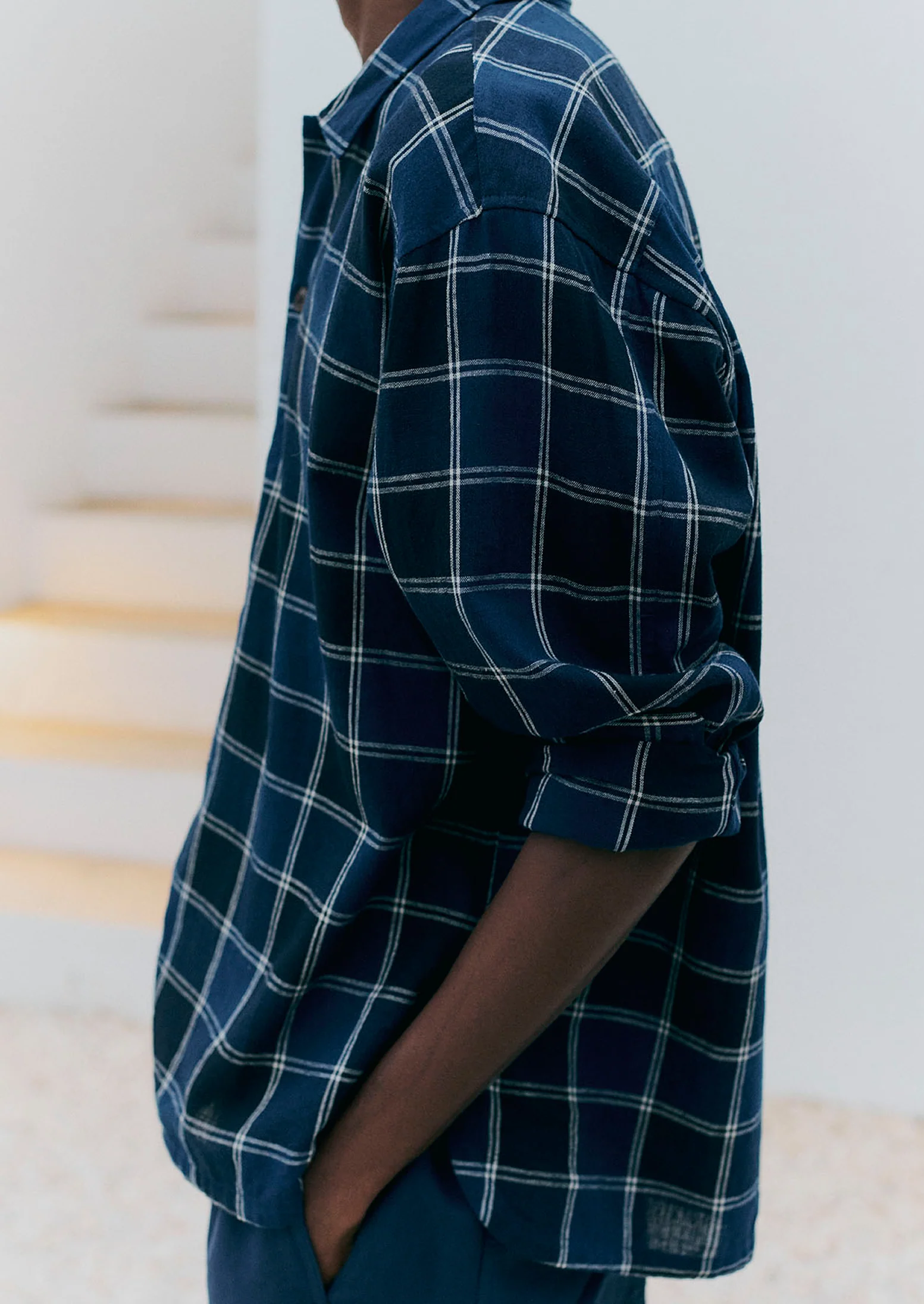 Market Check Cotton Linen Easy Shirt | Denim Blue - Image 3