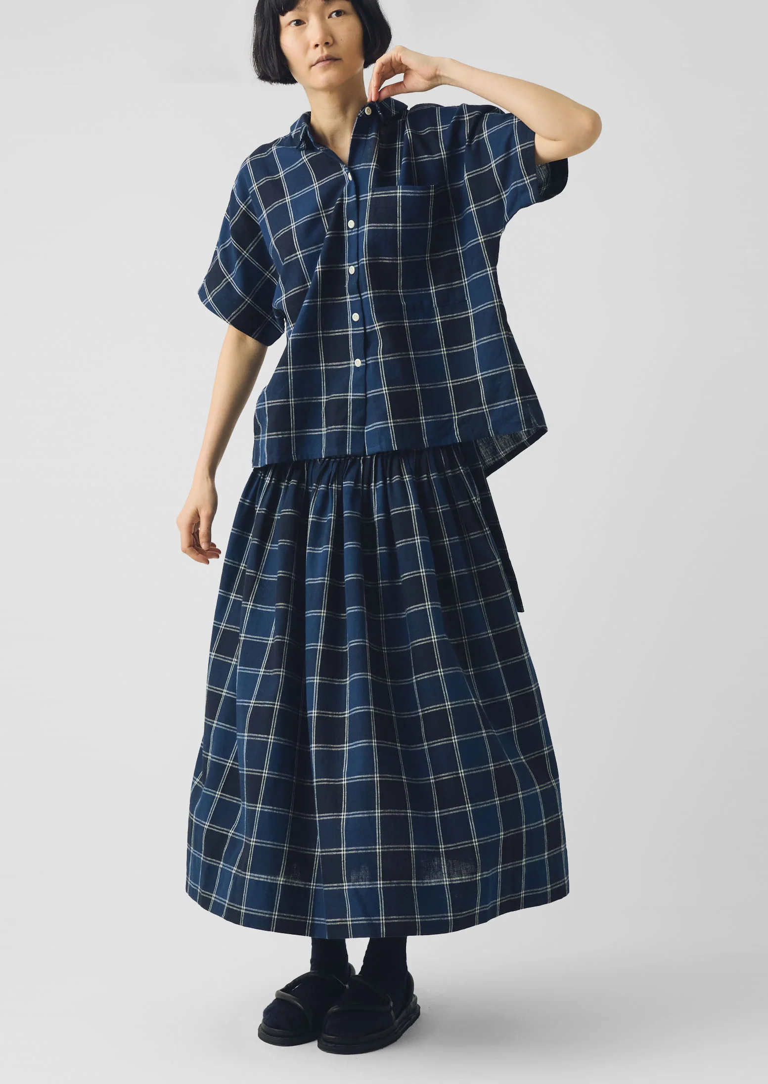 Market Check Cotton Linen Shirt | Denim Blue - Image 2