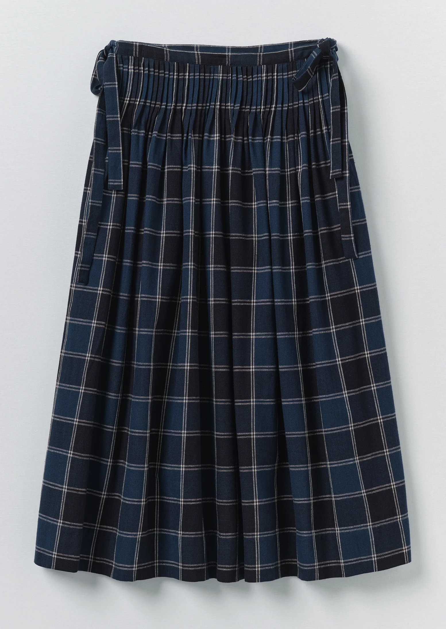 Market Check Pleated Cotton Linen Skirt | Denim Blue