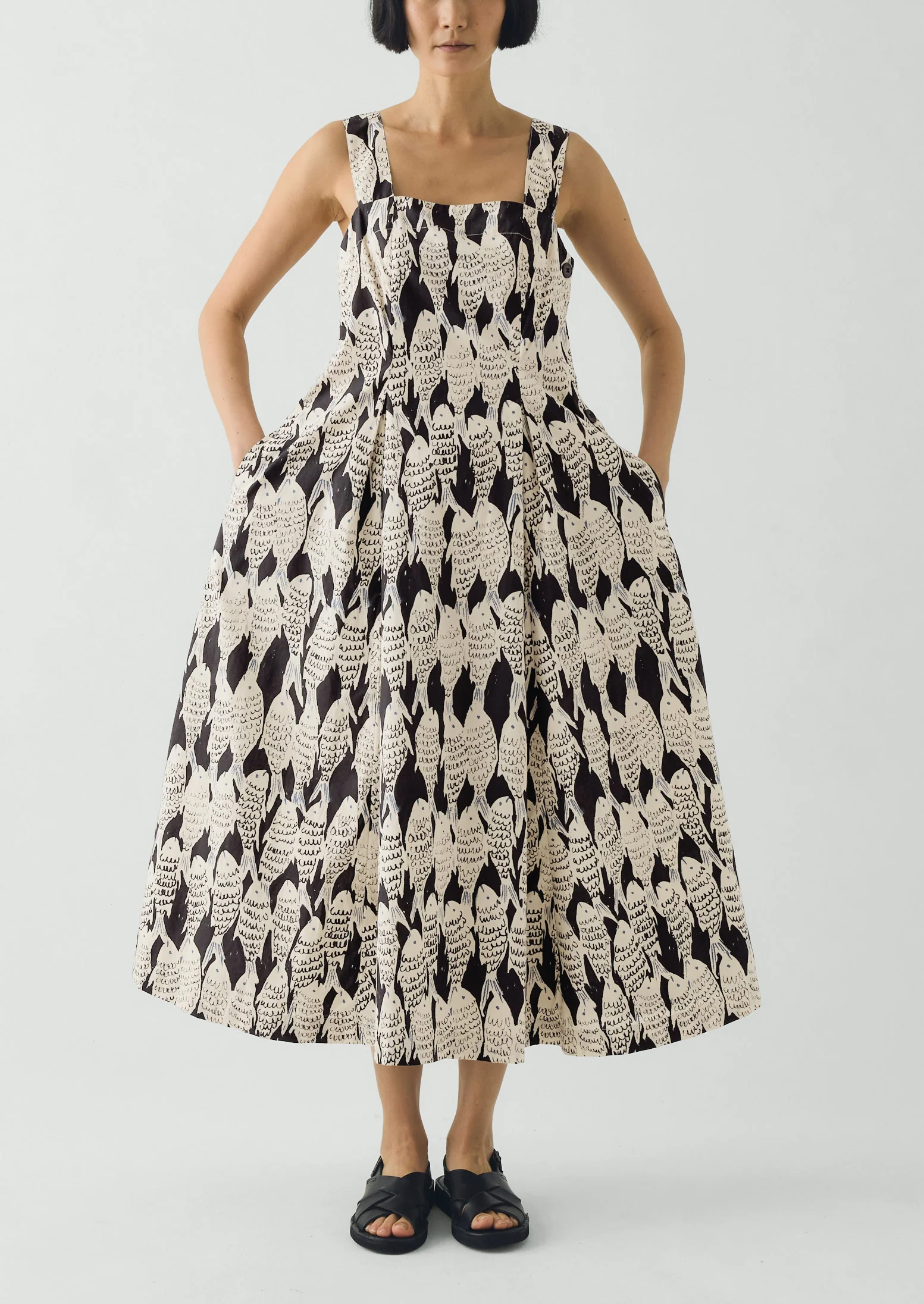 Market Fish Print Cotton Poplin Dress | Slate - Image 3