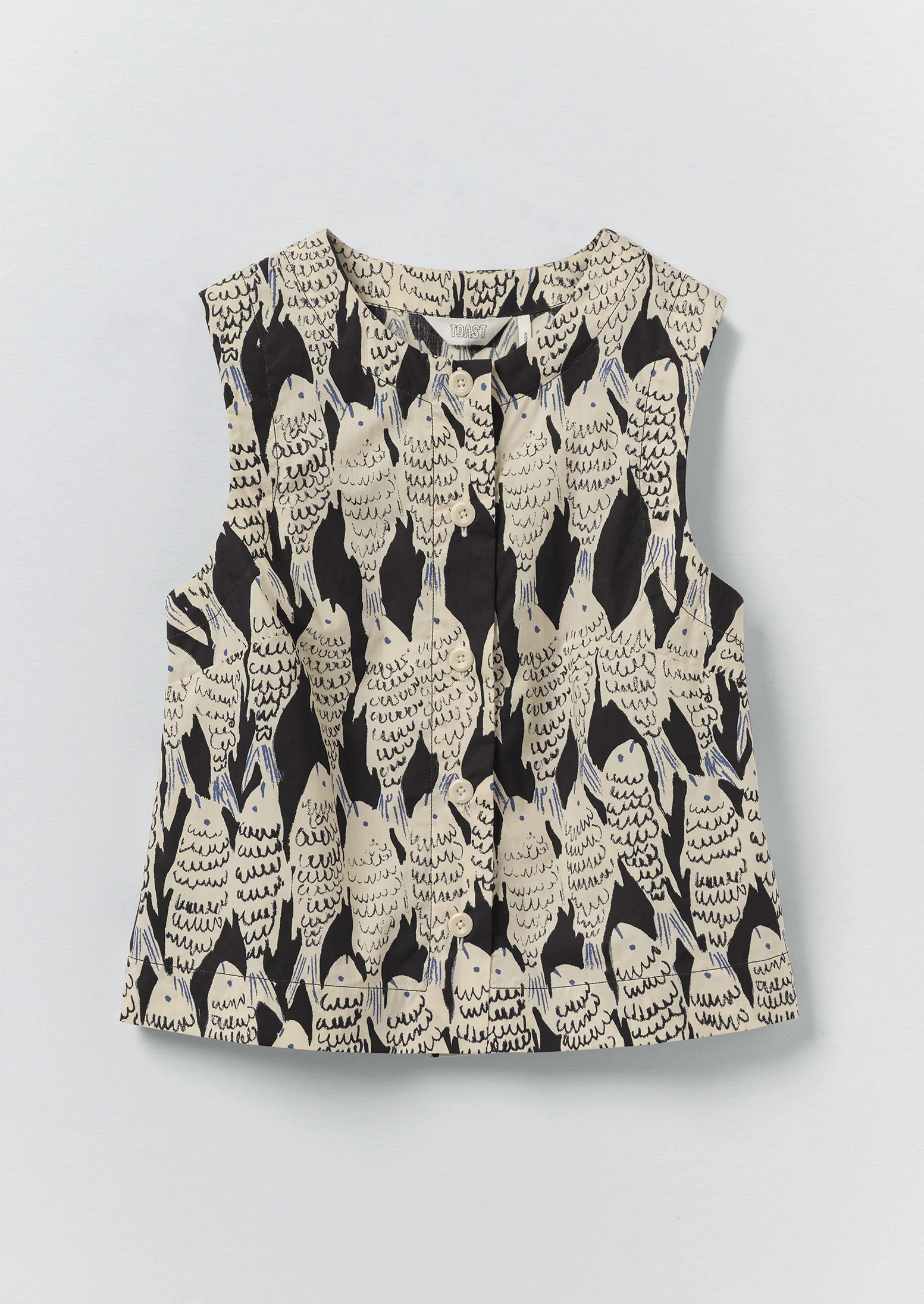 Market Fish Print Cotton Poplin Top | Slate