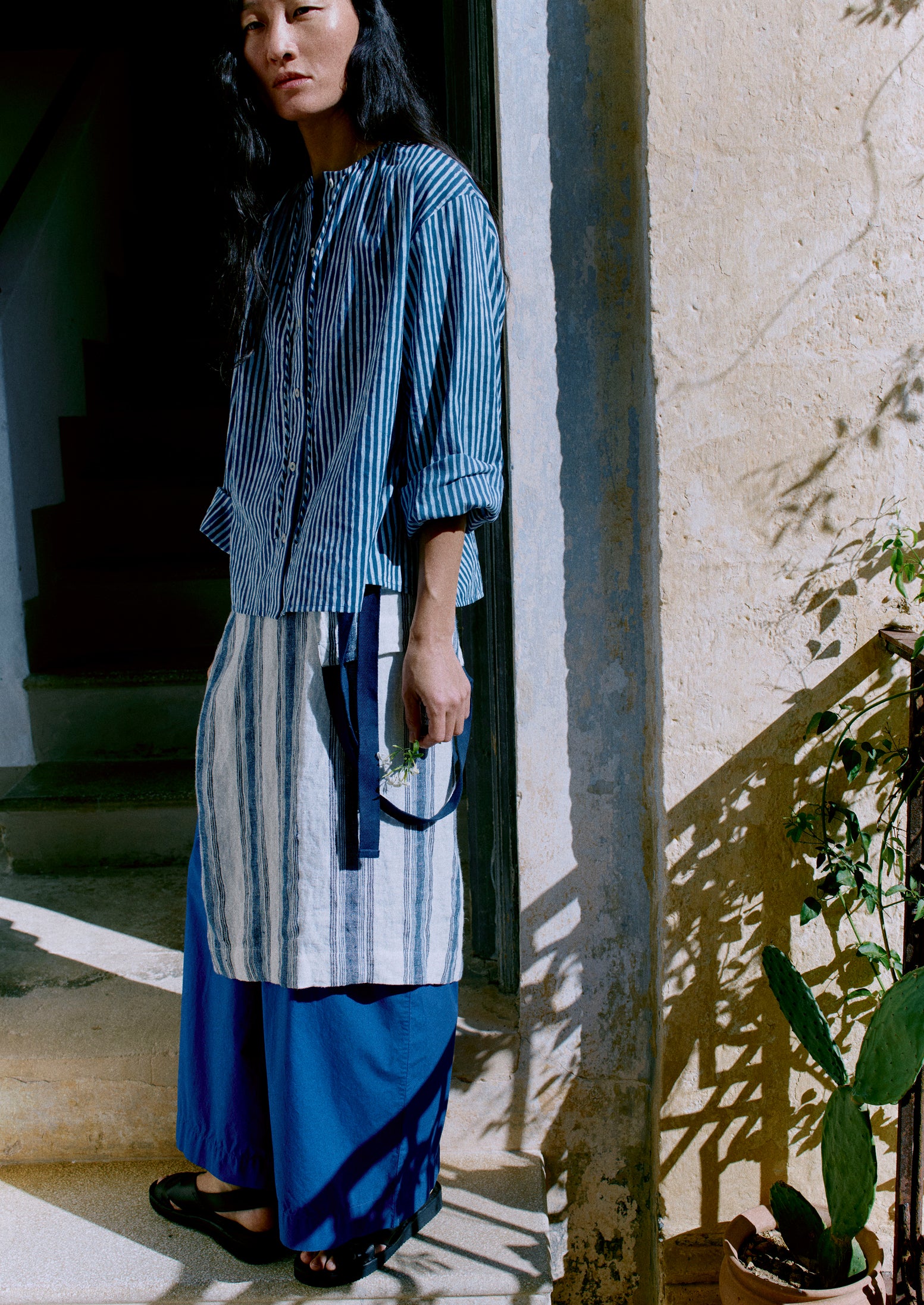 Natural Dye Stripe Cotton Gathered Top | Indigo - Image 2