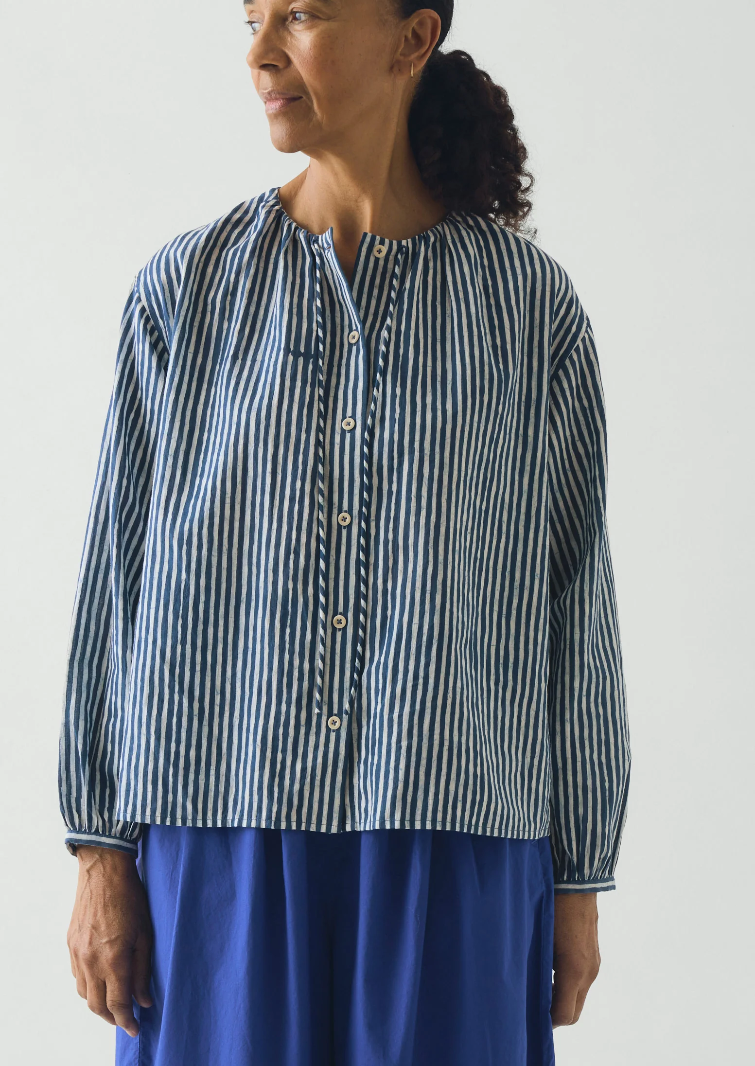 Natural Dye Stripe Cotton Gathered Top | Indigo - Image 5