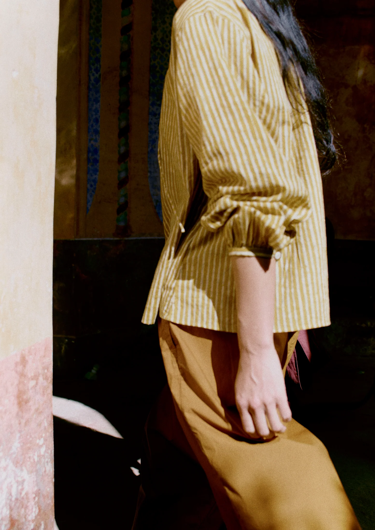 Natural Dye Stripe Cotton Gathered Top | Tumeric - Image 2