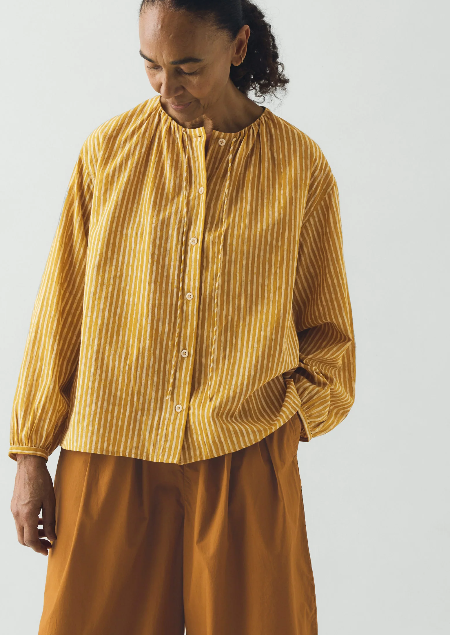 Natural Dye Stripe Cotton Gathered Top | Tumeric - Image 3
