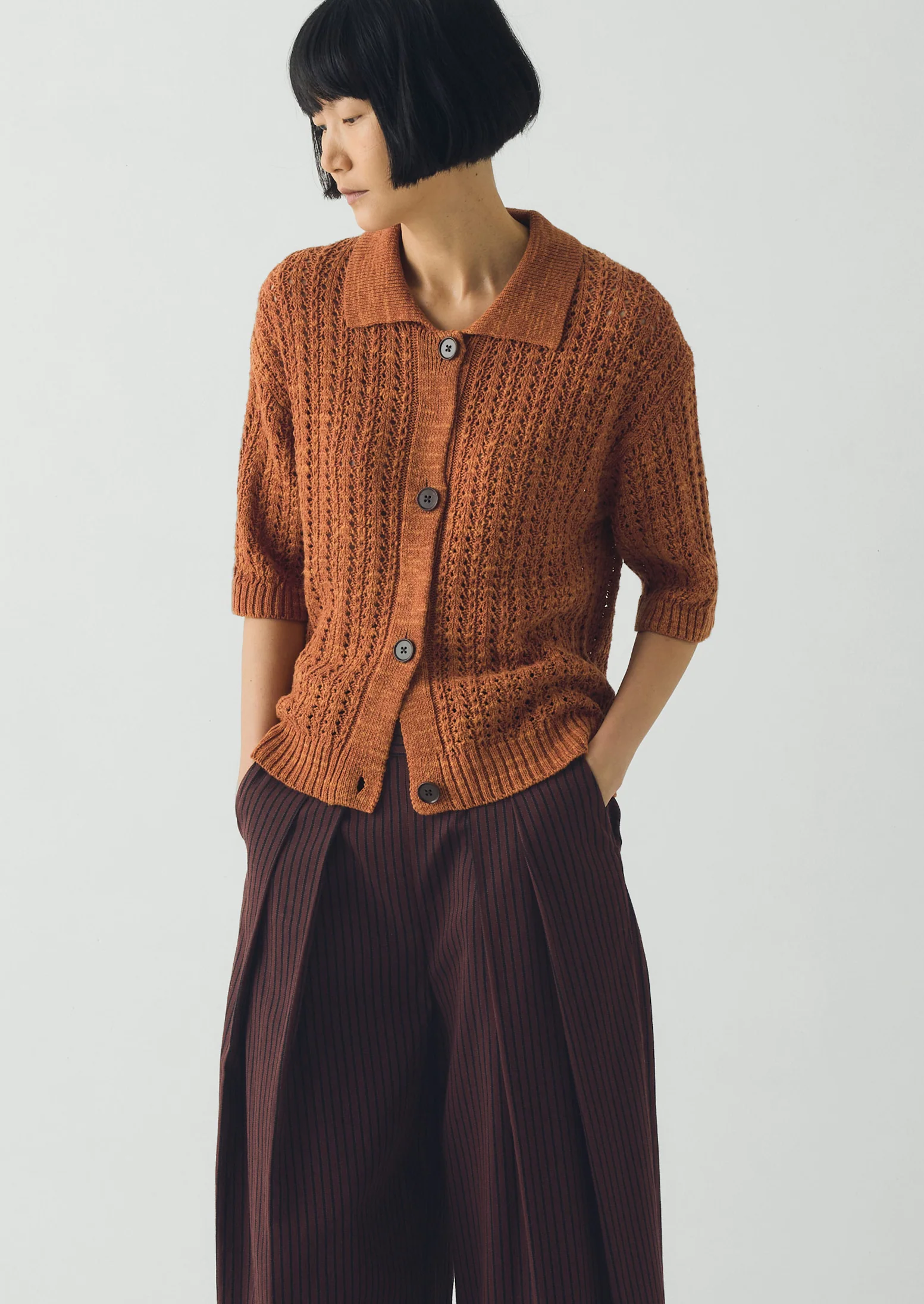 Open Stitch Knitted Linen Cotton Polo | Amber - Image 2
