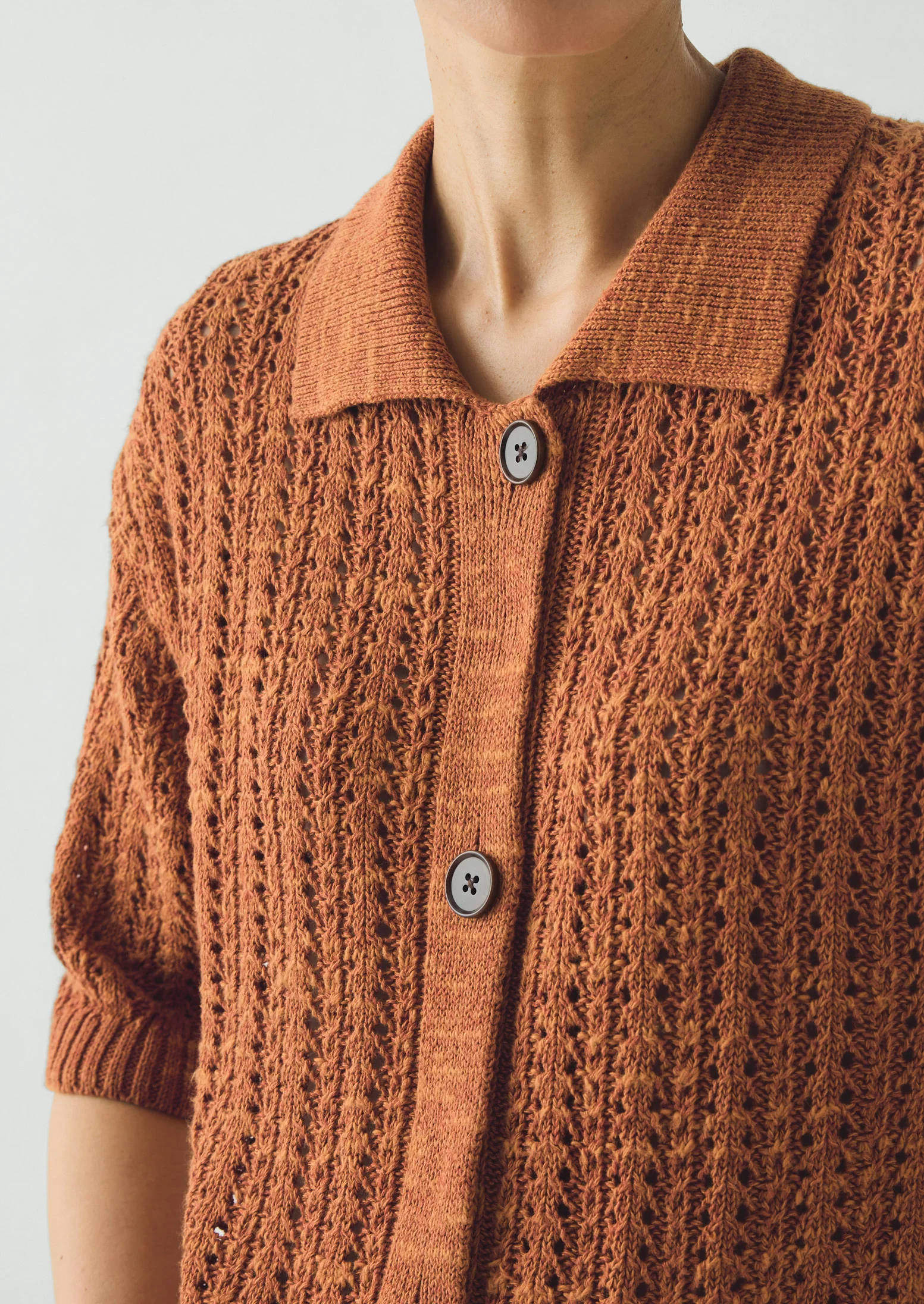 Open Stitch Knitted Linen Cotton Polo | Amber - Image 3
