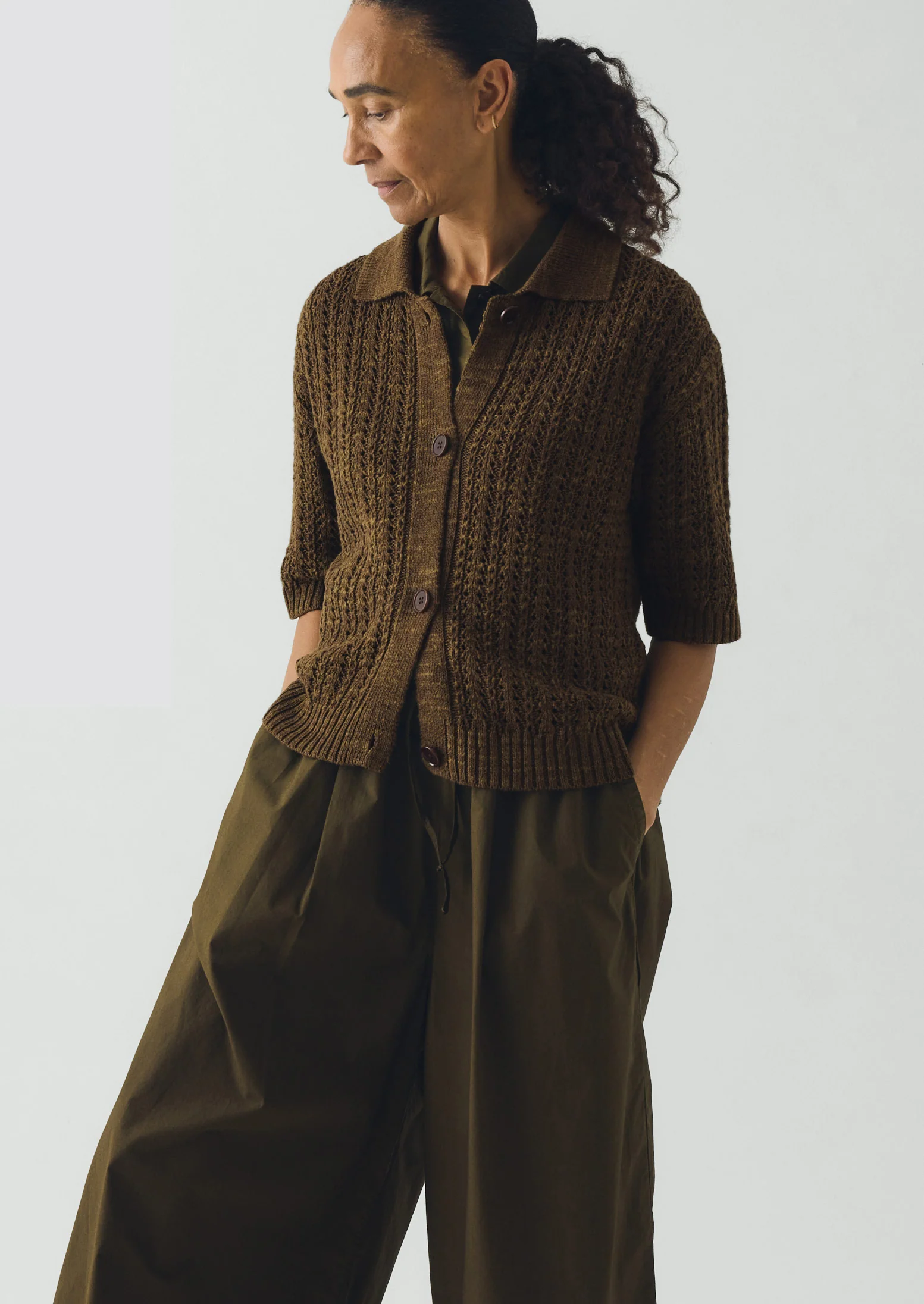 Open Stitch Knitted Linen Cotton Polo | Bronze Green - Image 2