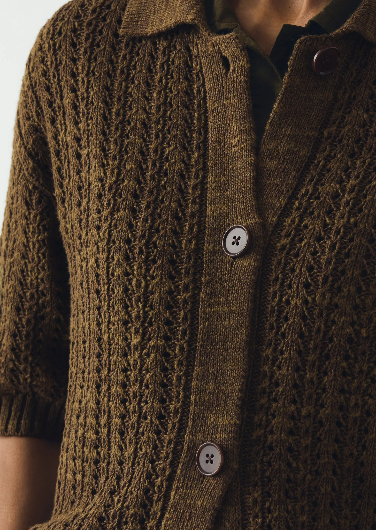 Open Stitch Knitted Linen Cotton Polo | Bronze Green - Image 3