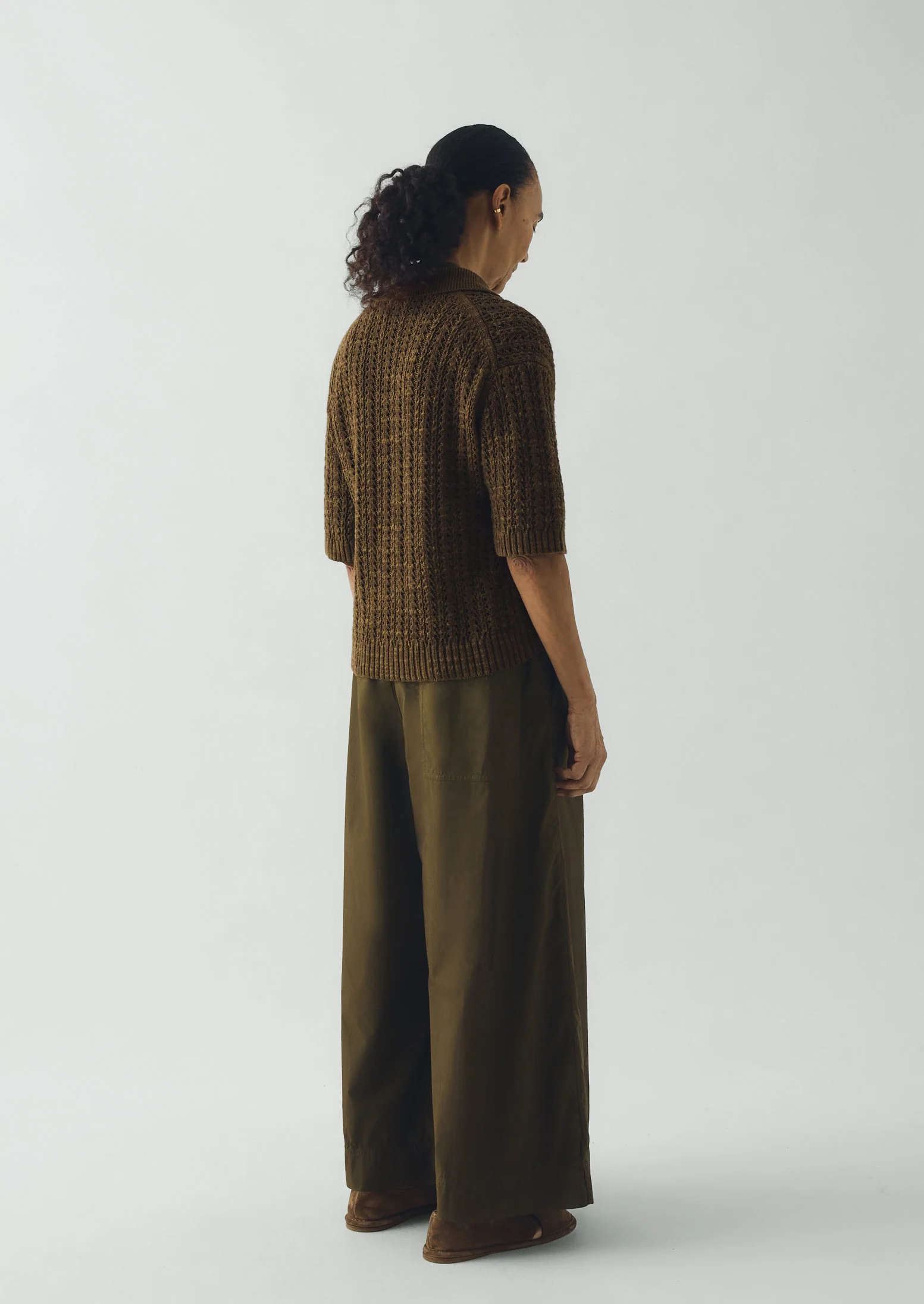 Open Stitch Knitted Linen Cotton Polo | Bronze Green - Image 4