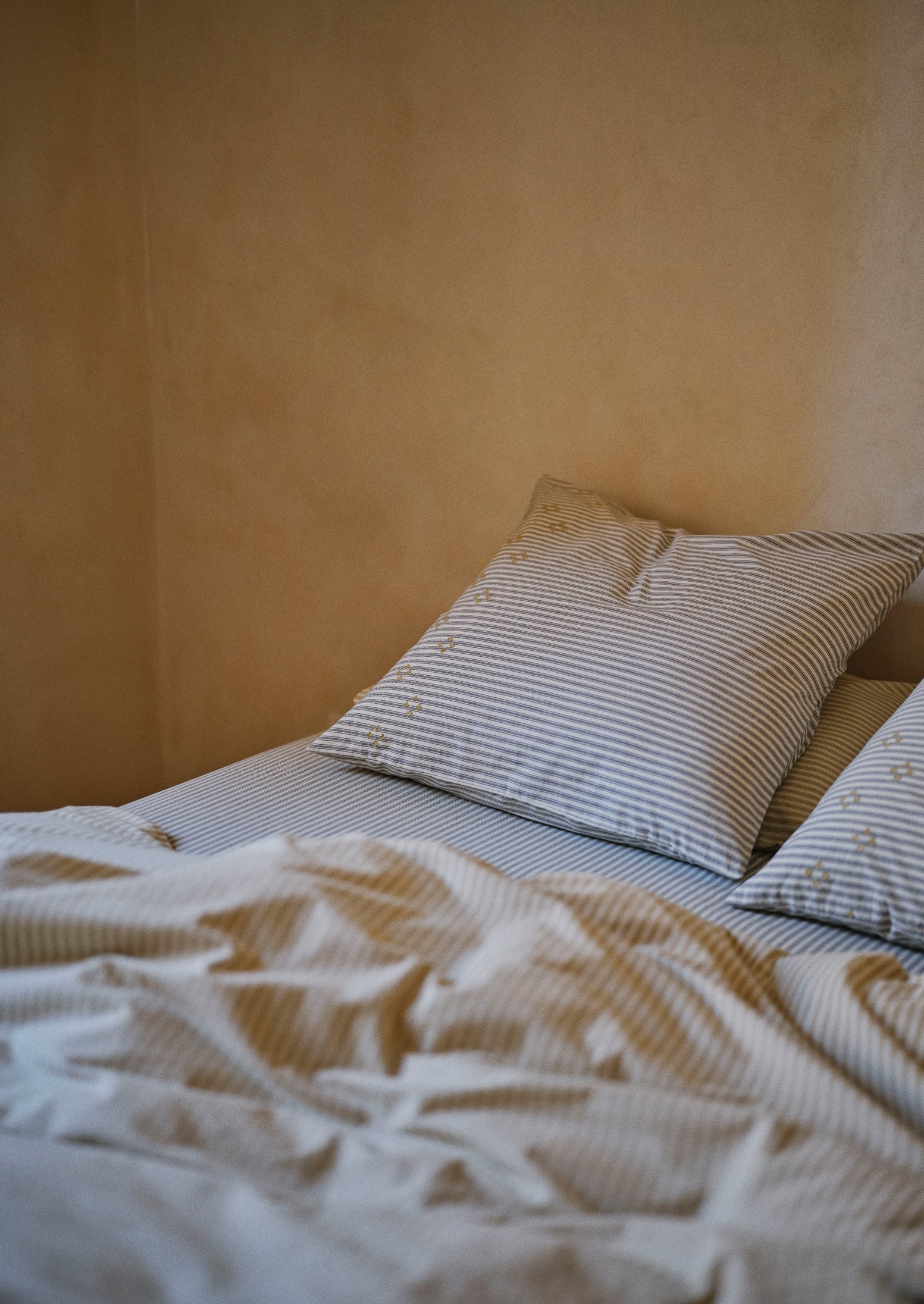 Ticking Stripe Cotton Embroidered Square Pillowcase | Ecru/Graphite - Image 3