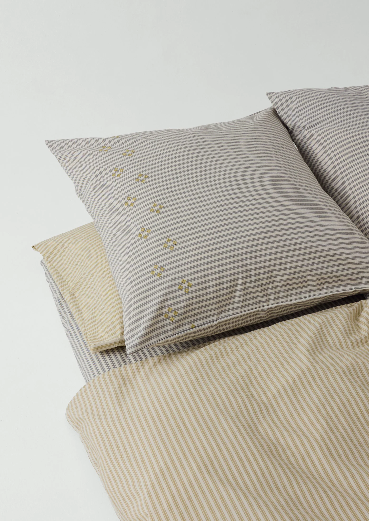 Ticking Stripe Cotton Embroidered Square Pillowcase | Ecru/Graphite - Image 4
