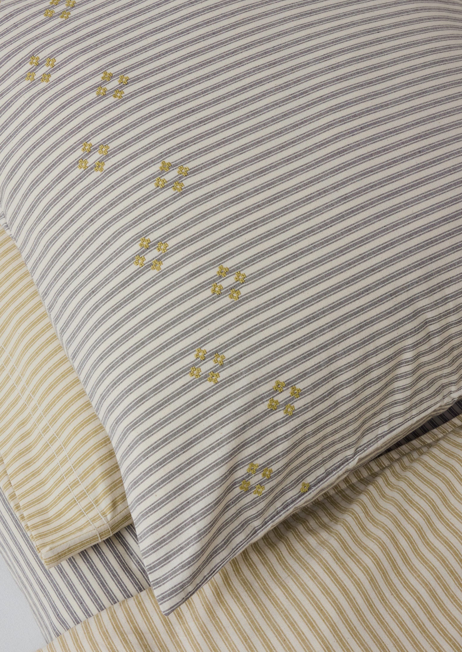 Ticking Stripe Cotton Embroidered Square Pillowcase | Ecru/Graphite - Image 5