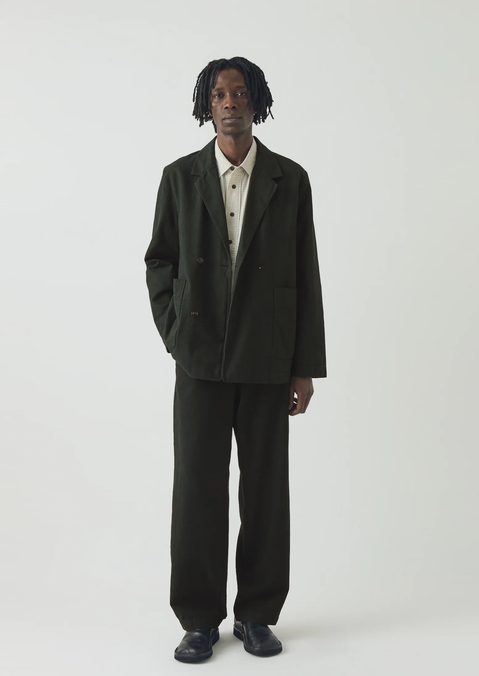 Overdyed Micro Houndstooth Cotton Blazer | Oil Green - Image 3