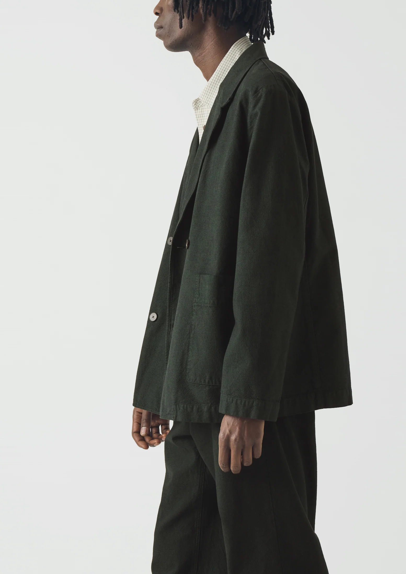 Overdyed Micro Houndstooth Cotton Blazer | Oil Green - Image 5