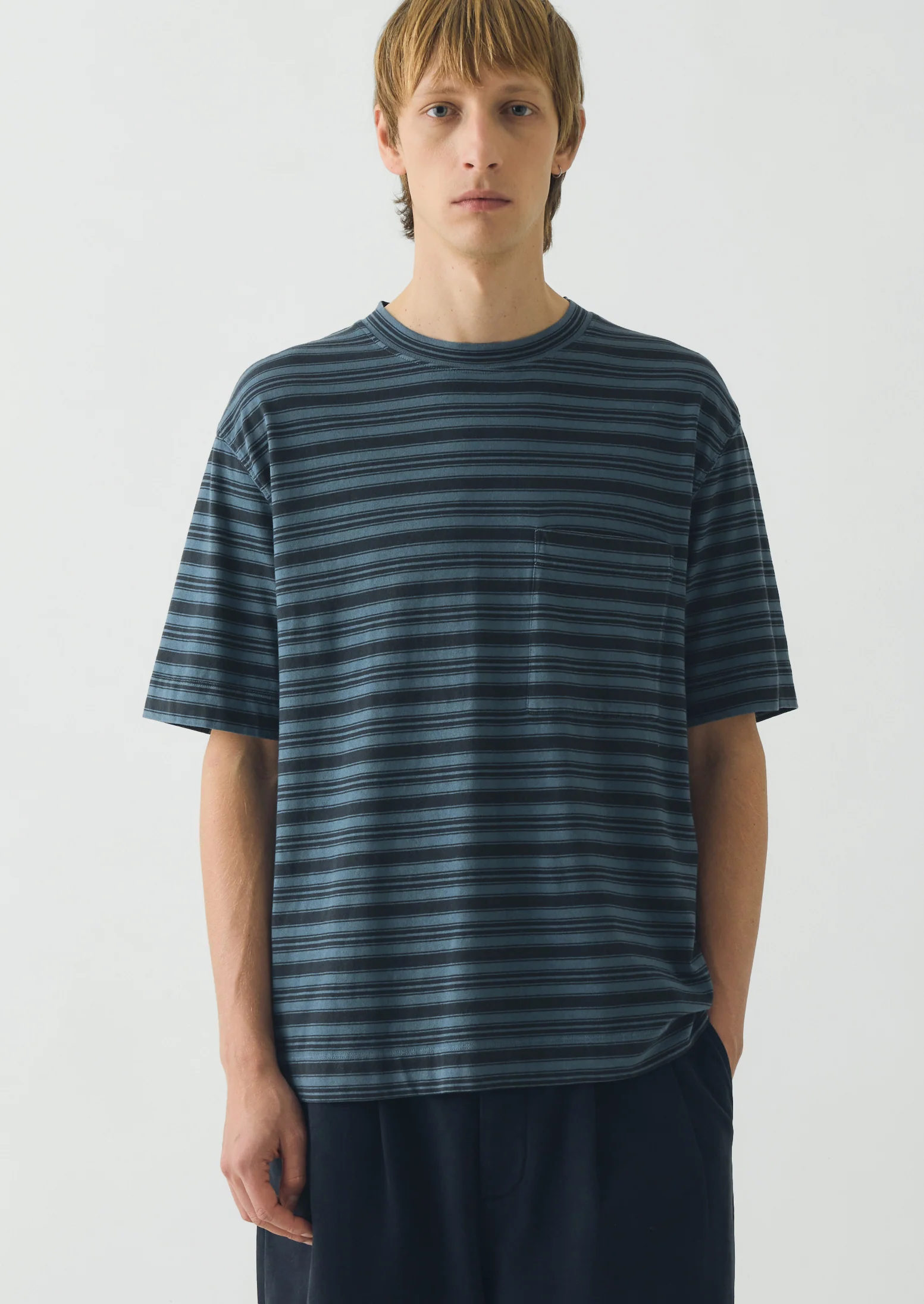 Overdyed Stripe Organic Cotton Tee | Blue Graphite/Mazarine Blue - Image 2