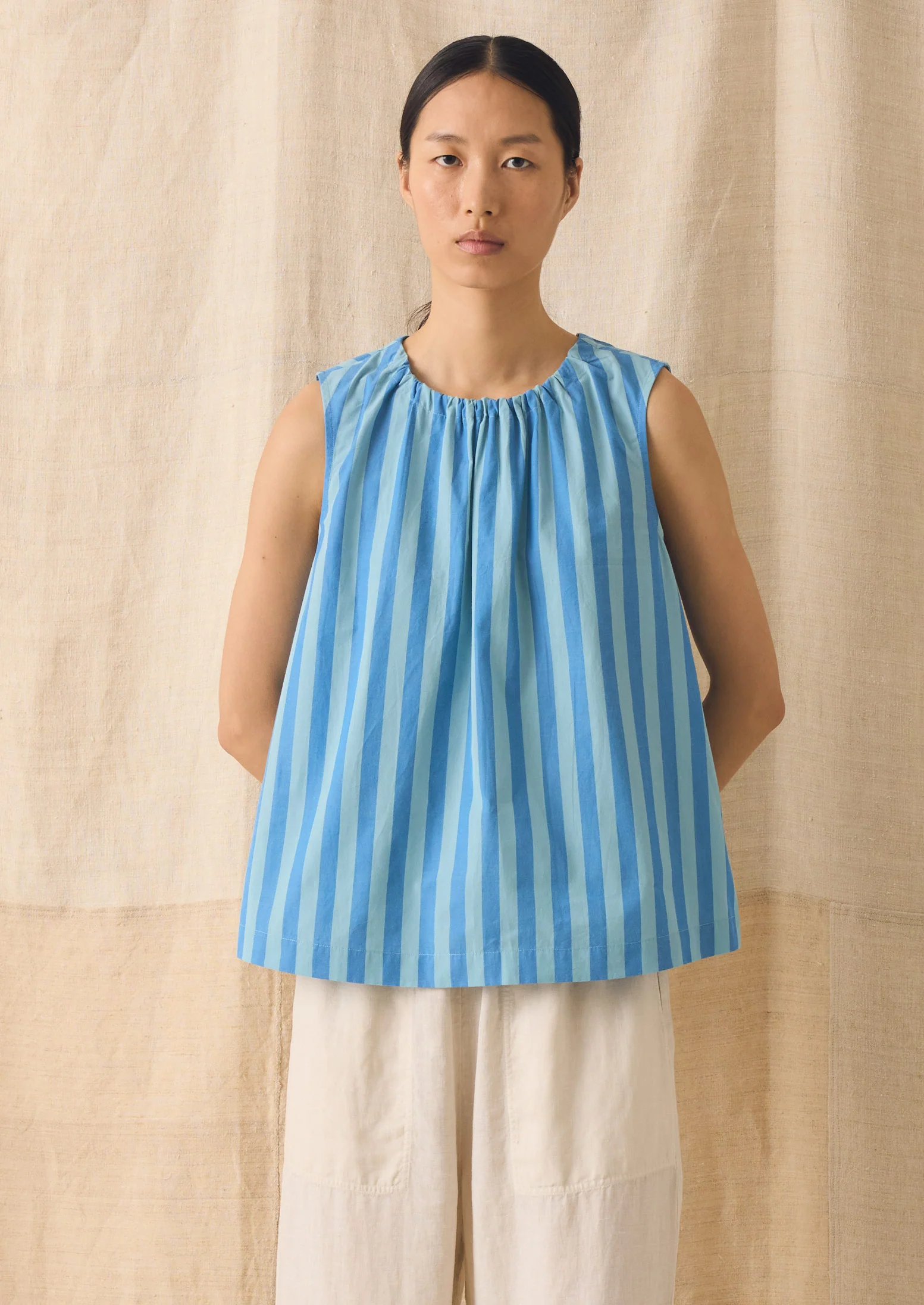 Oyo Stripe Gathered Cotton Tank | Aqua/Cornflower - Image 2