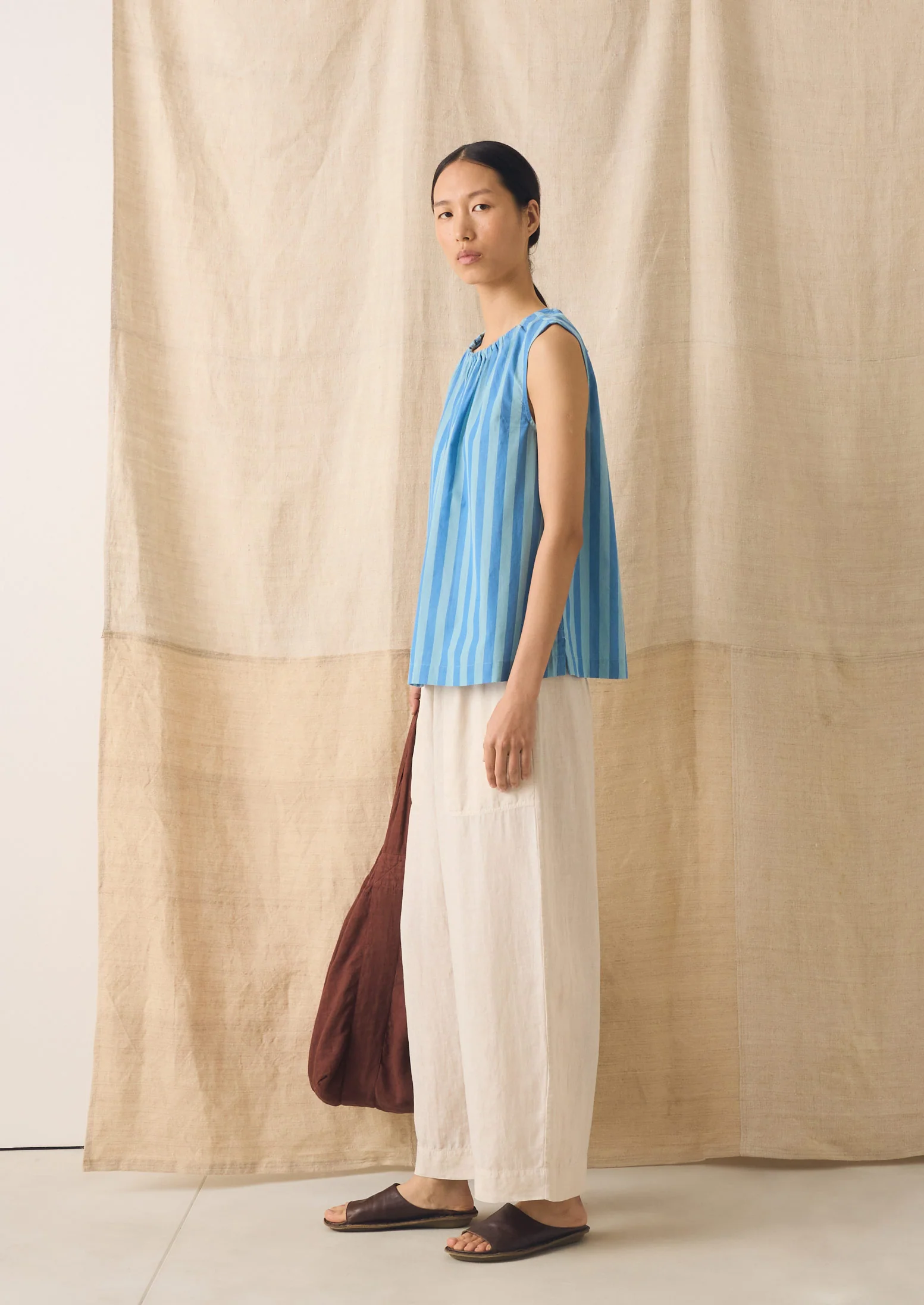 Oyo Stripe Gathered Cotton Tank | Aqua/Cornflower - Image 4