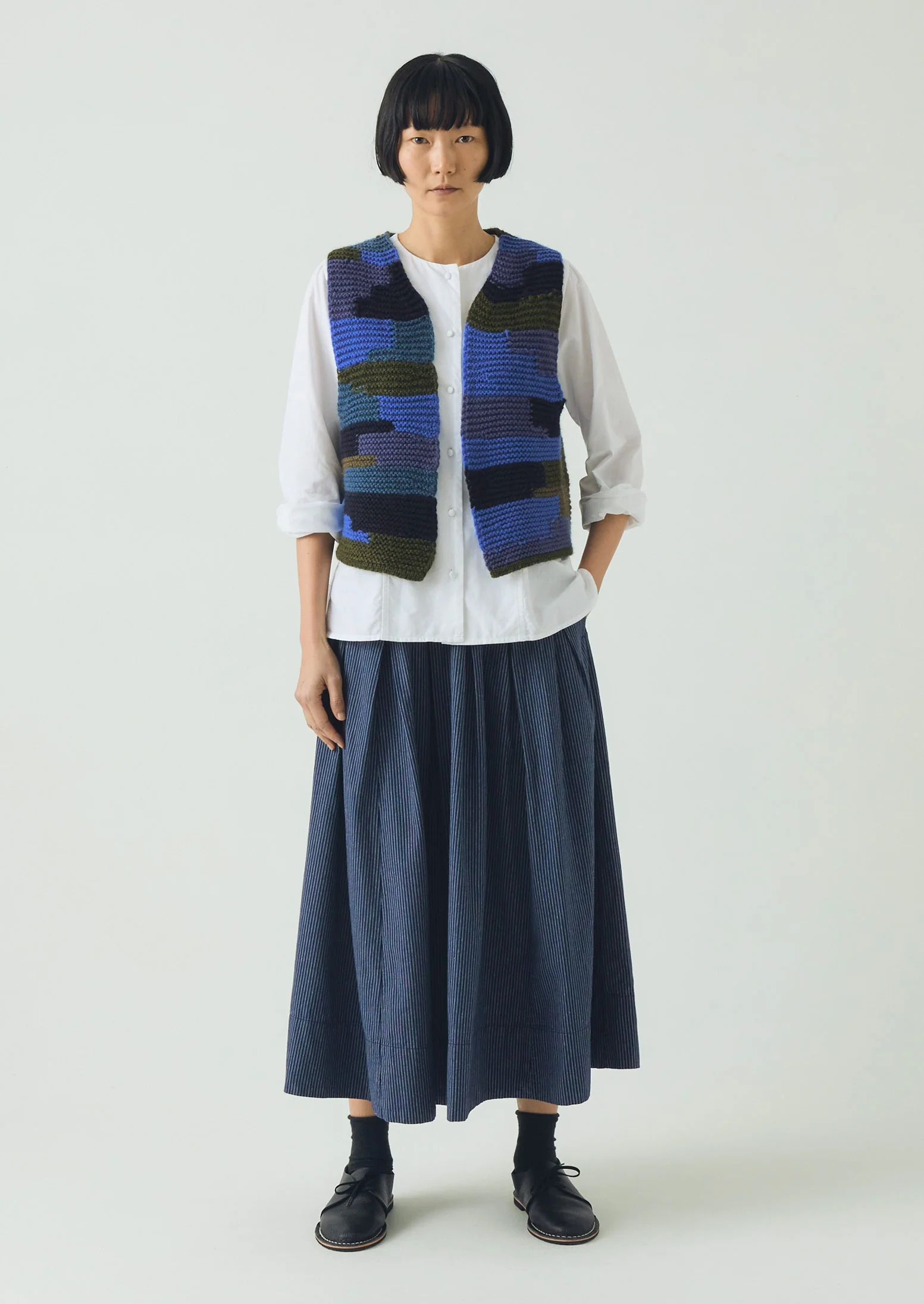 Patchwork Knitted Wool Gilet | Blue Multi - Image 3