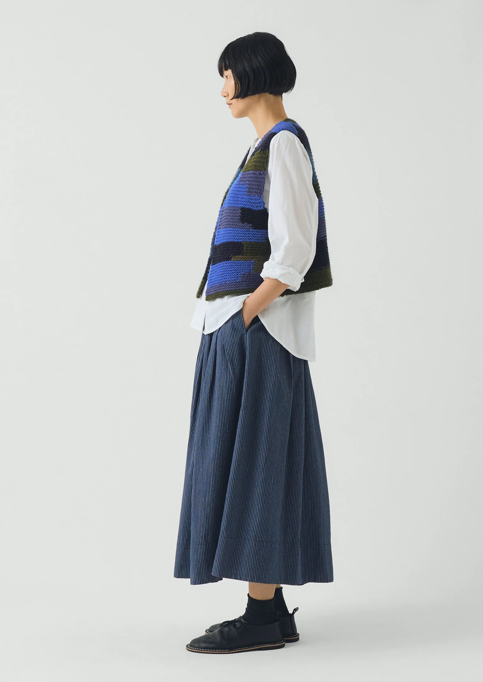 Patchwork Knitted Wool Gilet | Blue Multi - Image 4